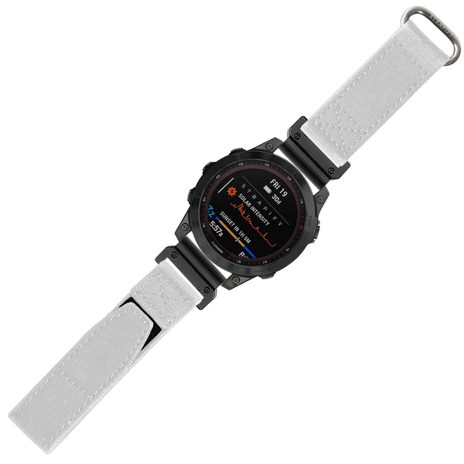 Military tactical smartwatch with black case and white velcro QuickFit band, featuring AMOLED display with fitness metrics and activity tracking