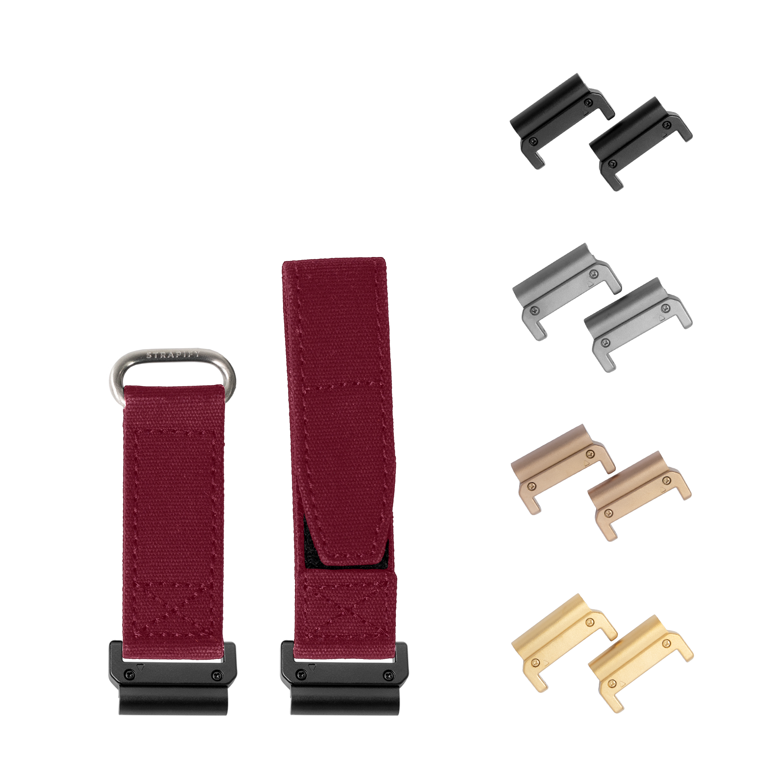 Military QuickFit 22mm watch strap in wine red with velcro fastening and interchangeable metal hardware in multiple finishes