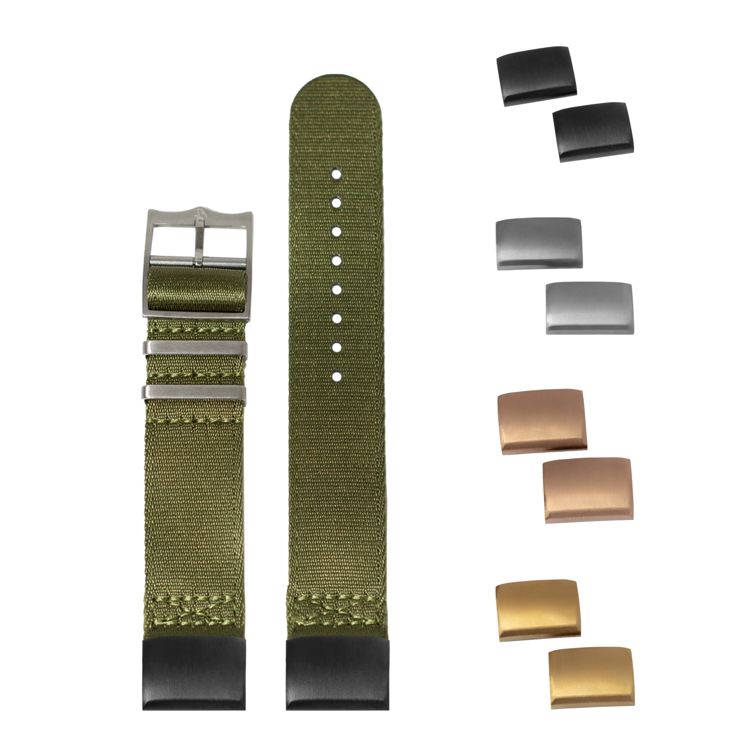 Olive green fabric watch strap with interchangeable metal buckles and keepers for 20mm lug width watches
