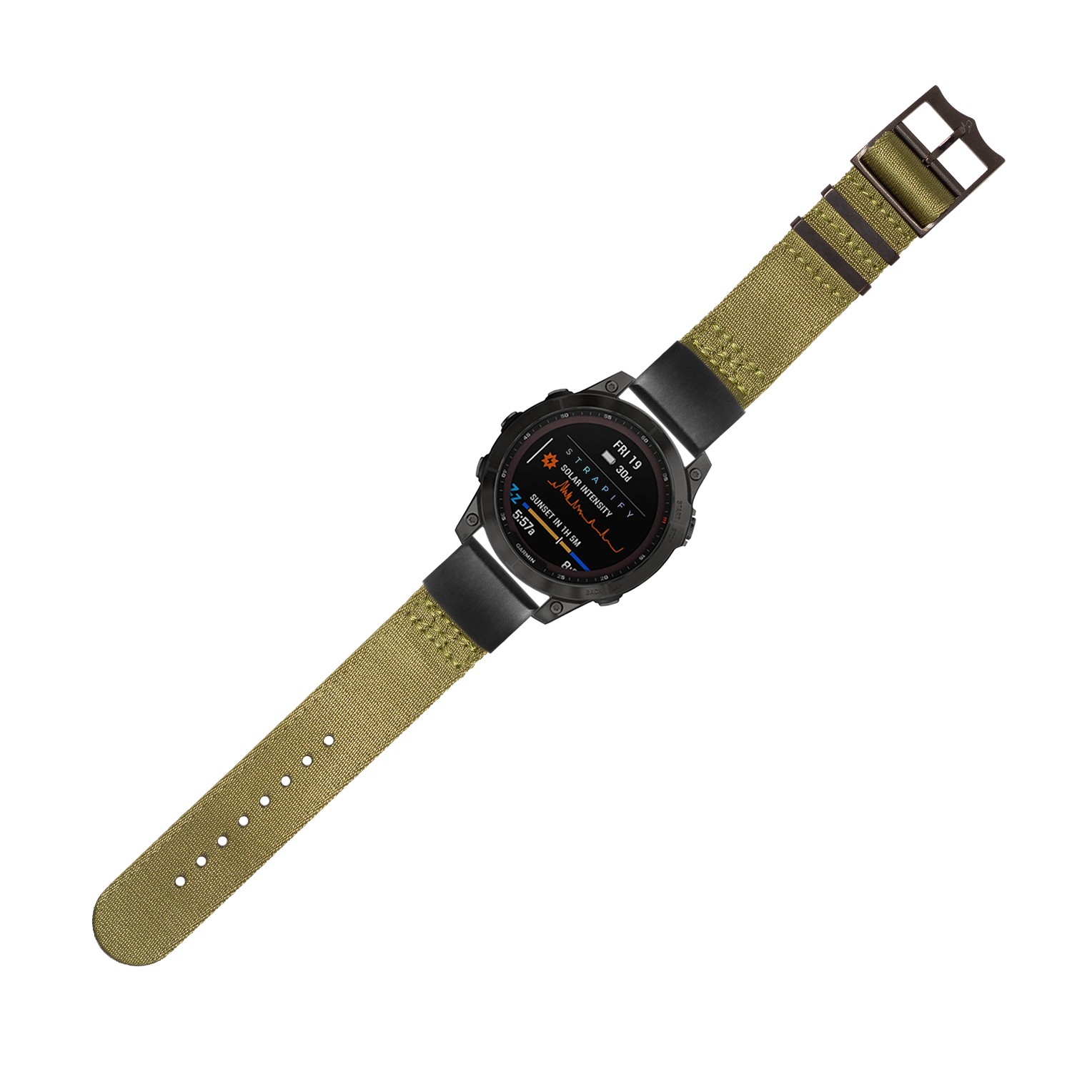 Tactical smartwatch with black digital display and olive green fabric strap with black hardware, showing weather and metrics data