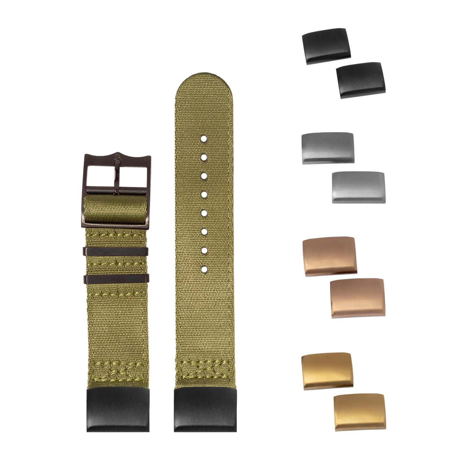 QuickFit Ultra Militex army green fabric watch band 20mm with interchangeable black, silver, bronze and gold hardware buckles