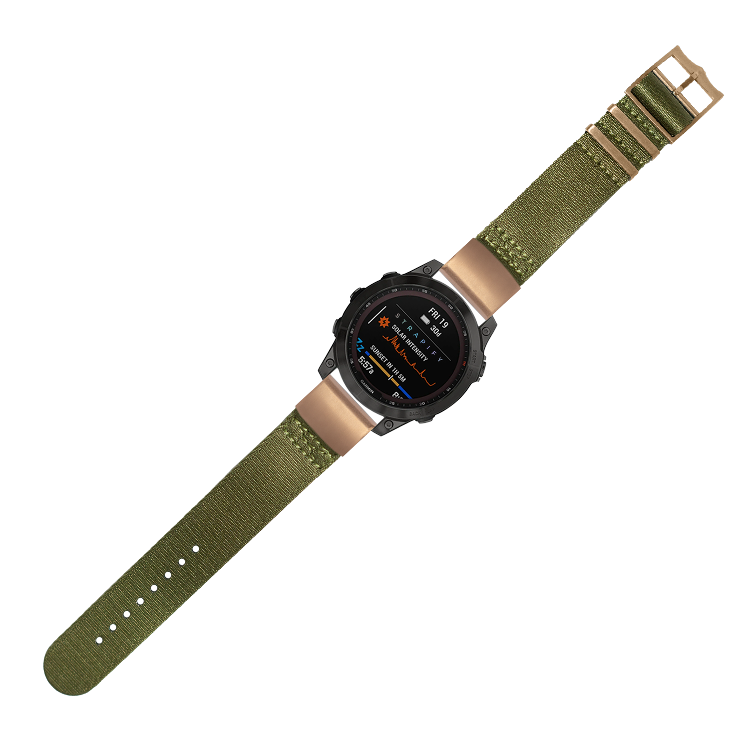 Military smartwatch with AMOLED display, olive green fabric strap, rose gold hardware and black bezel on white background
