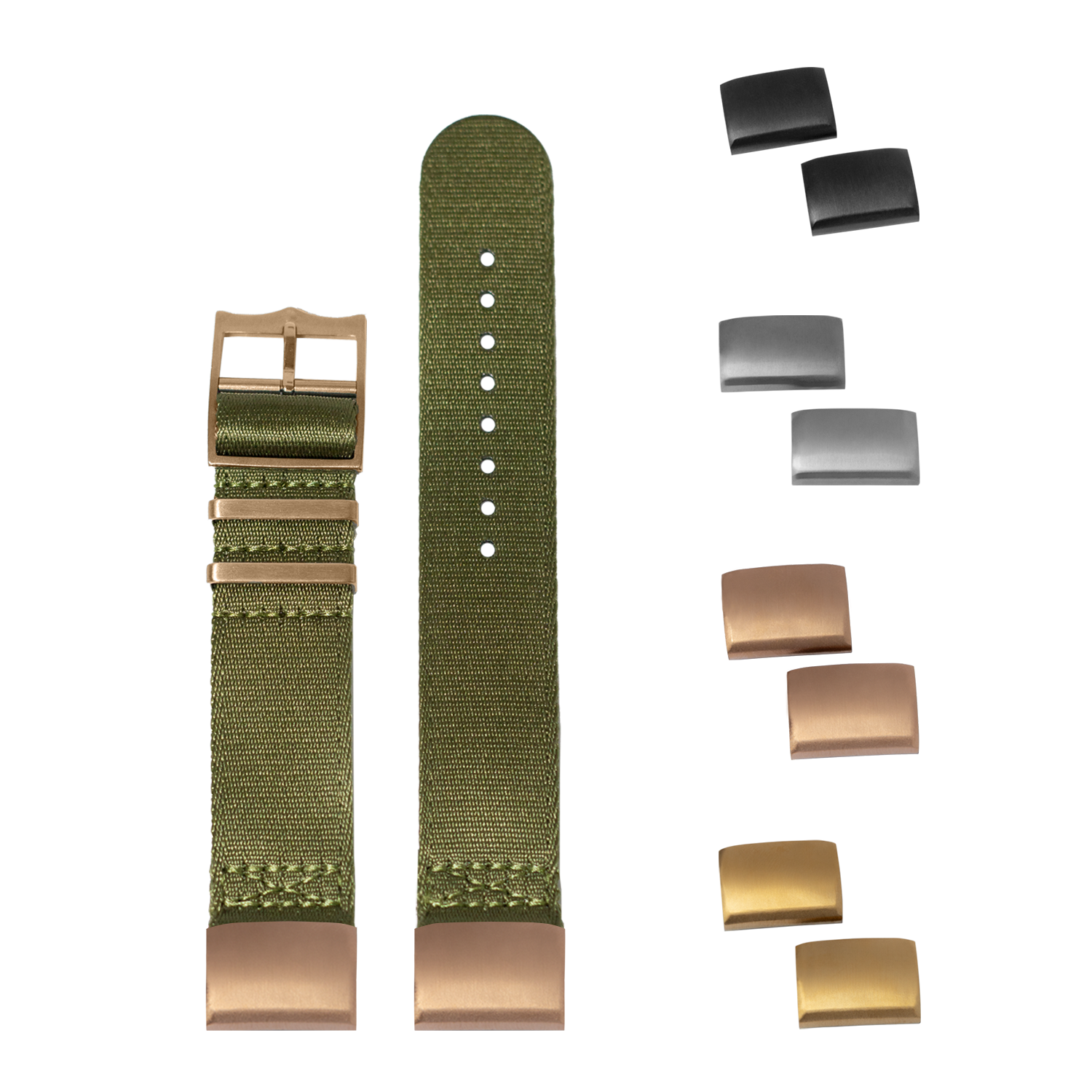 Olive green canvas military watch strap with rose gold buckle and interchangeable hardware options including black and silver metal keepers