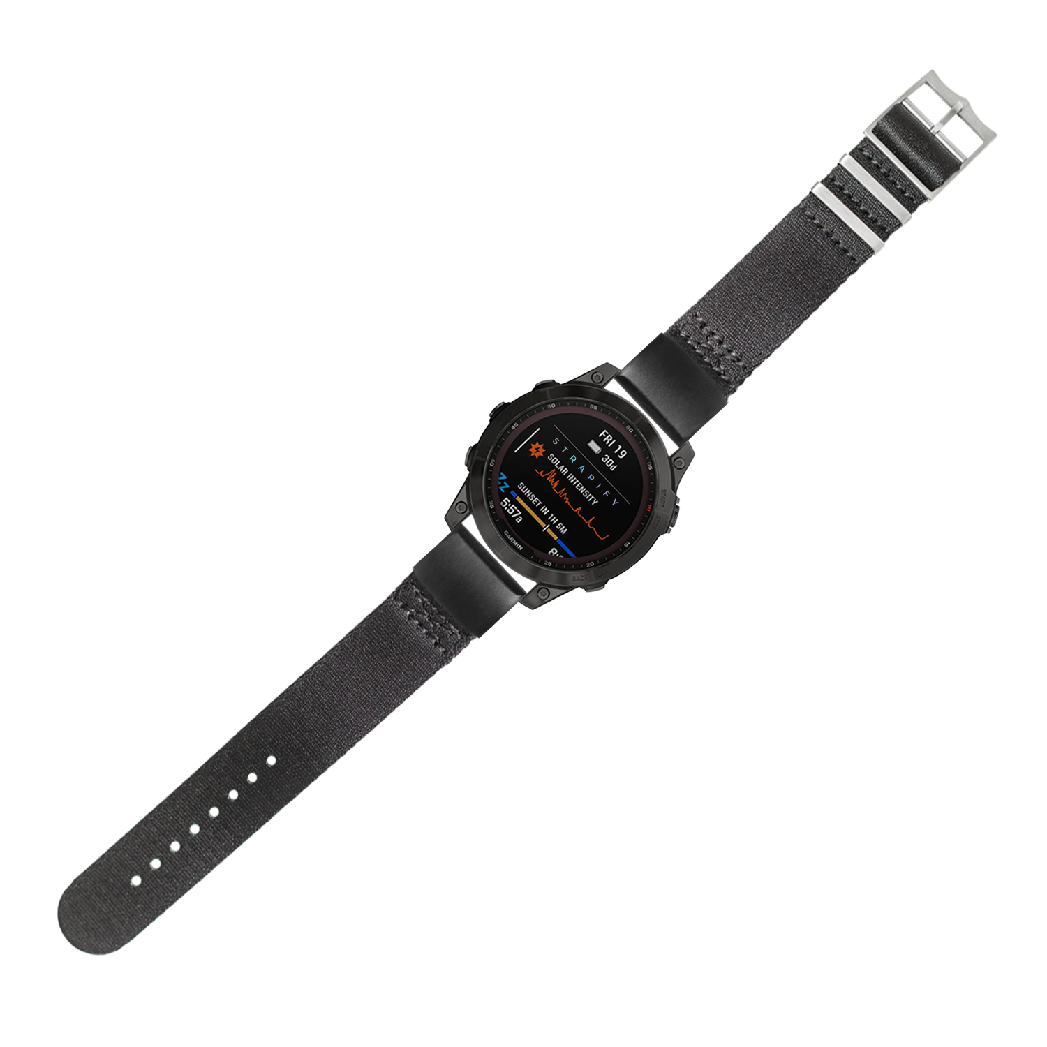 Black digital smartwatch with QuickFit strap and AMOLED display showing fitness metrics and time