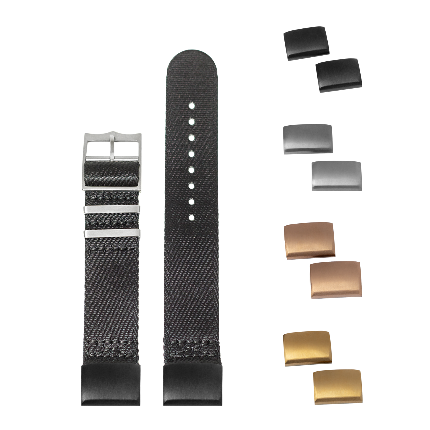 QuickFit Ultra Militex black 20mm watch strap with interchangeable metal buckles in silver, gold and bronze finishes