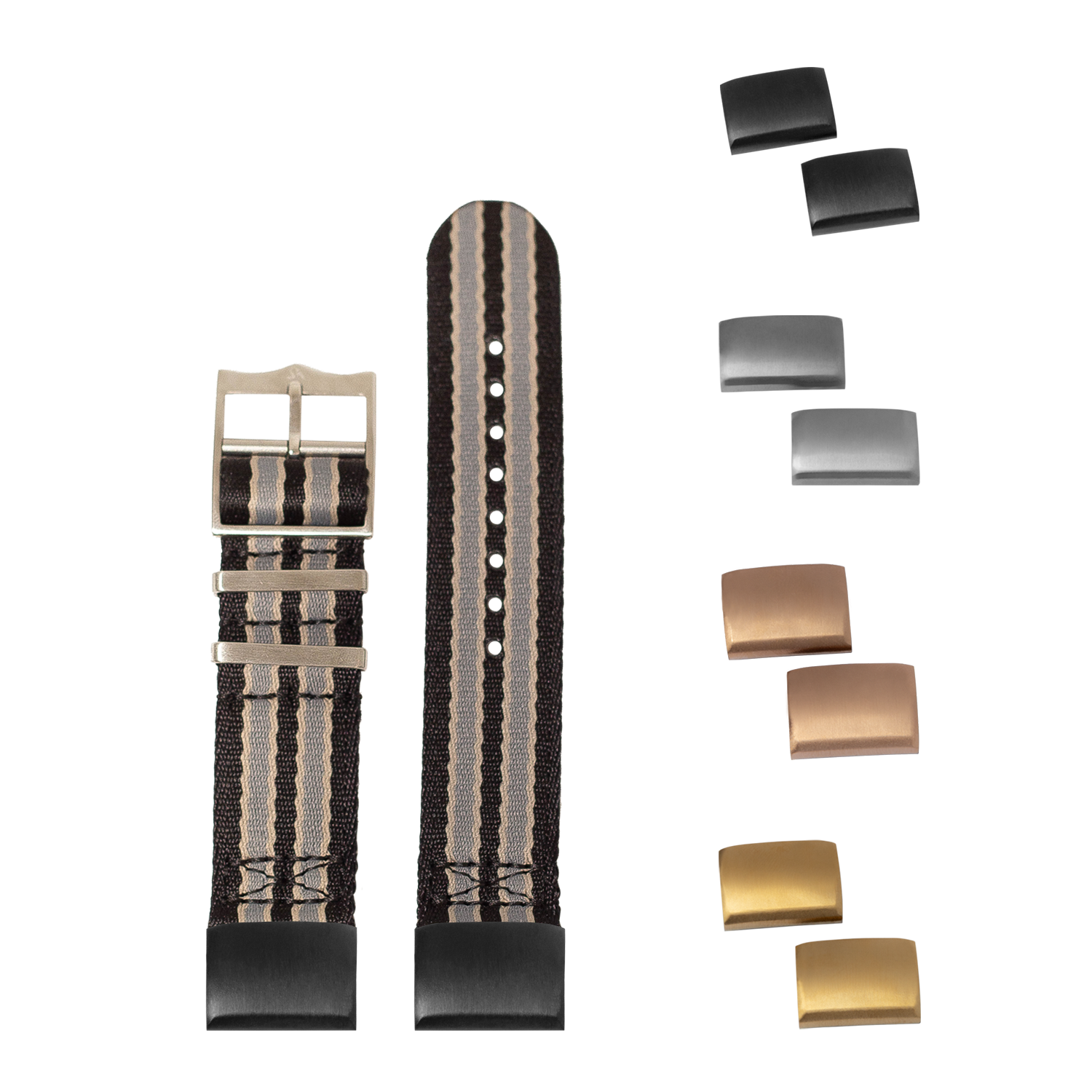QuickFit Ultra Militex 20mm watch band with interchangeable buckles in black, beige, and grey tones