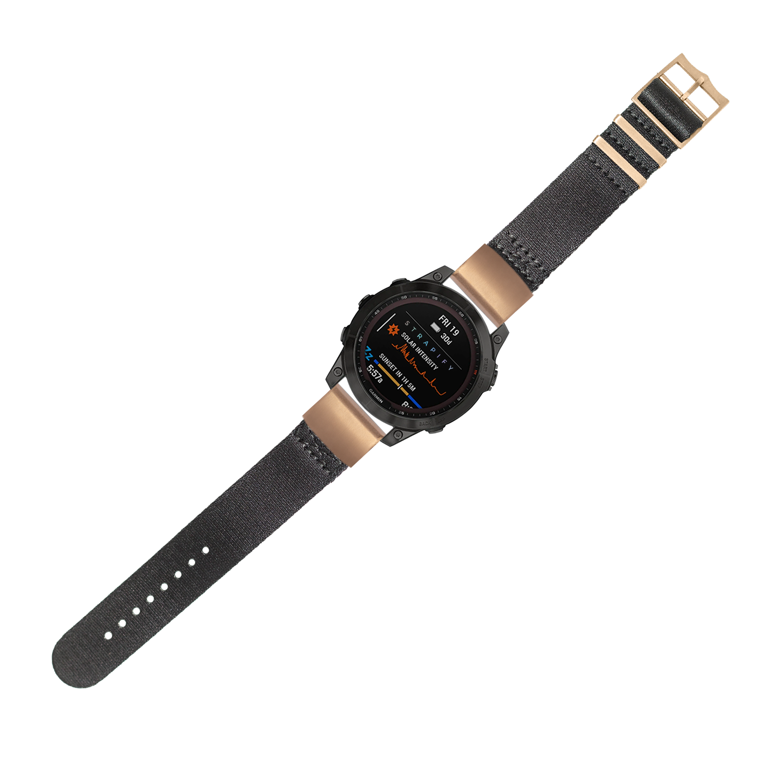 Black fabric smartwatch band with rose gold hardware and quick-release connector