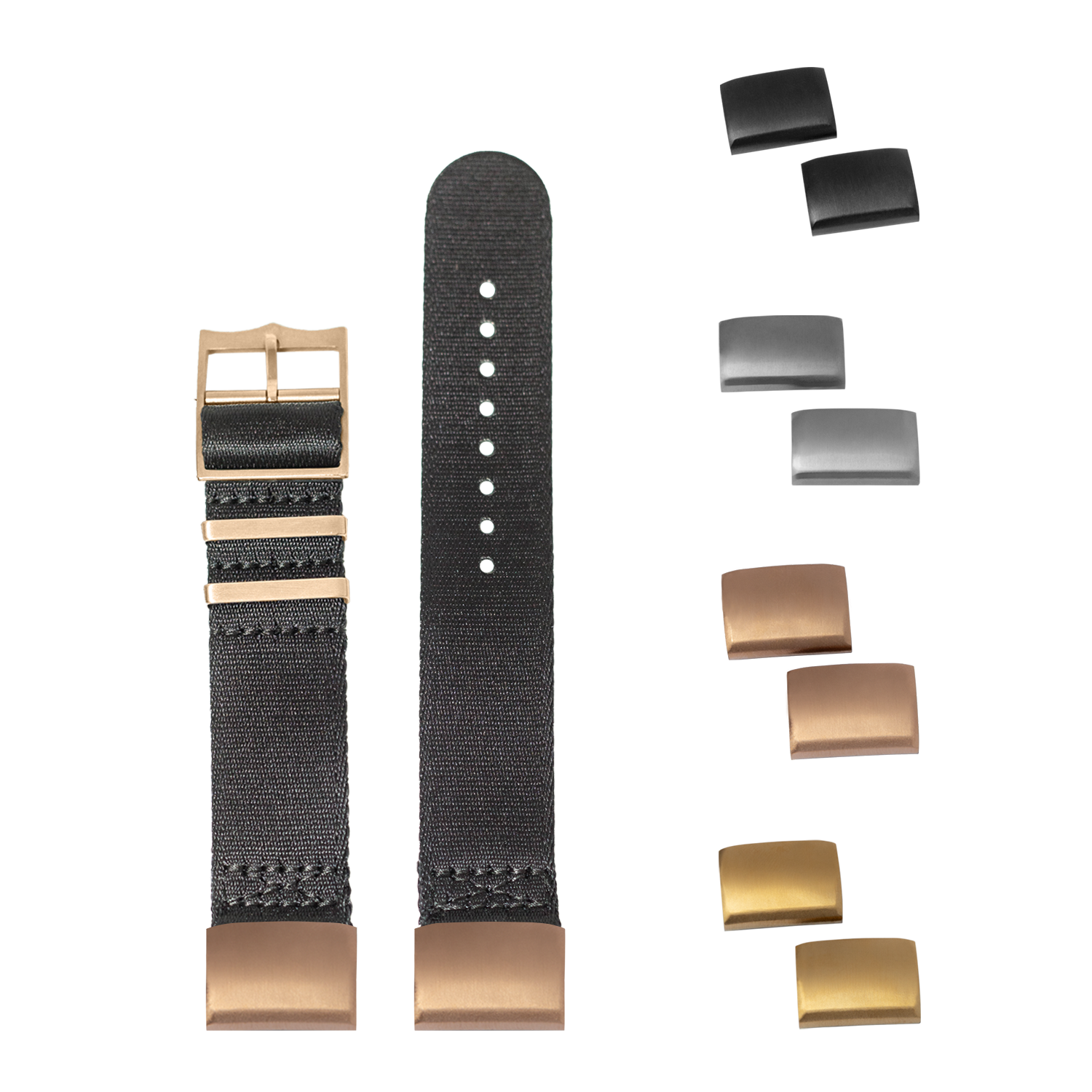 QuickFit Ultra Militex black fabric watch strap 20mm with rose gold hardware and interchangeable metal buckles
