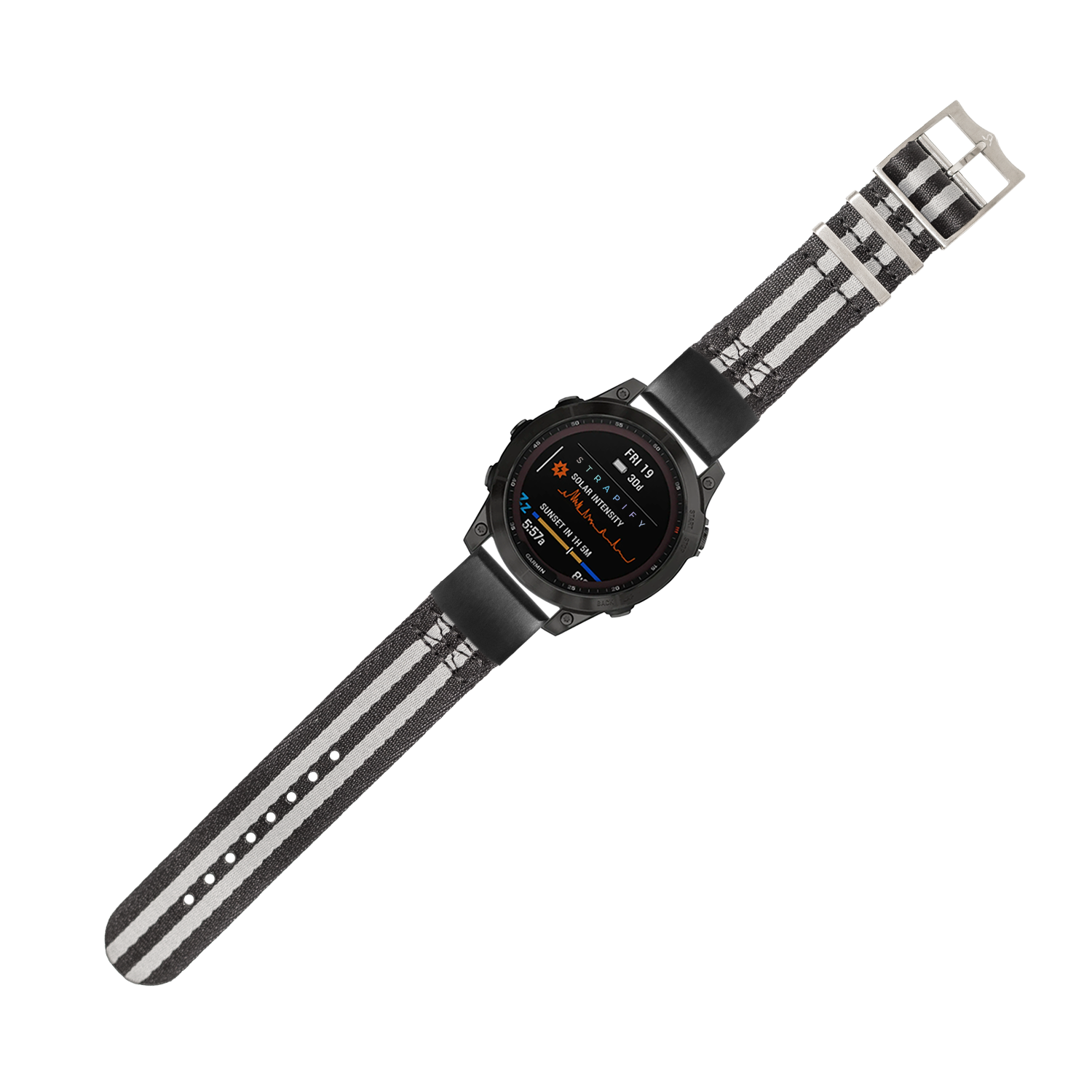 Black digital smartwatch with striped fabric band and AMOLED display showing health metrics and tactical interface