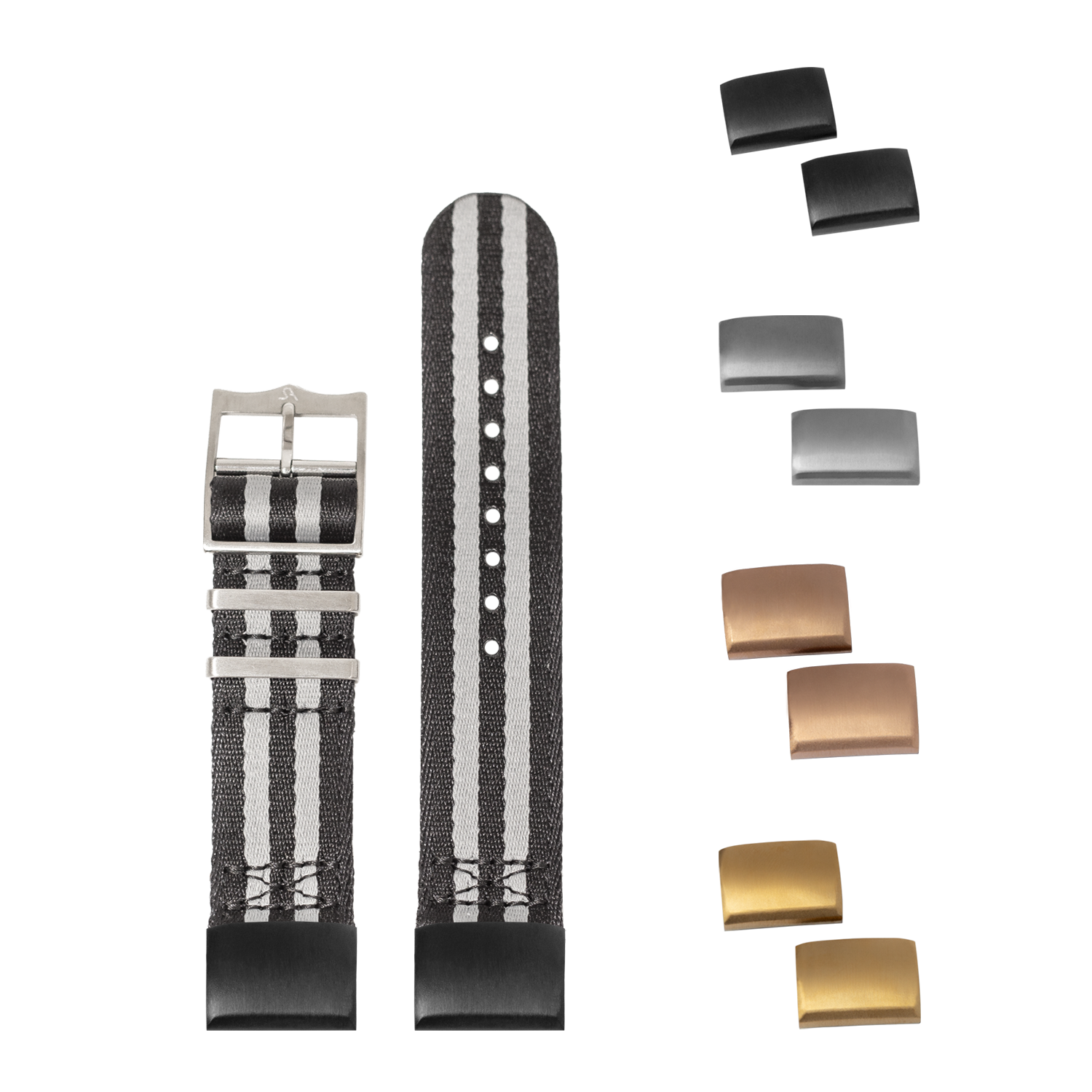 QuickFit Ultra Militex Bond black and grey striped watch strap with interchangeable metal buckle hardware in black, silver, and gold finishes
