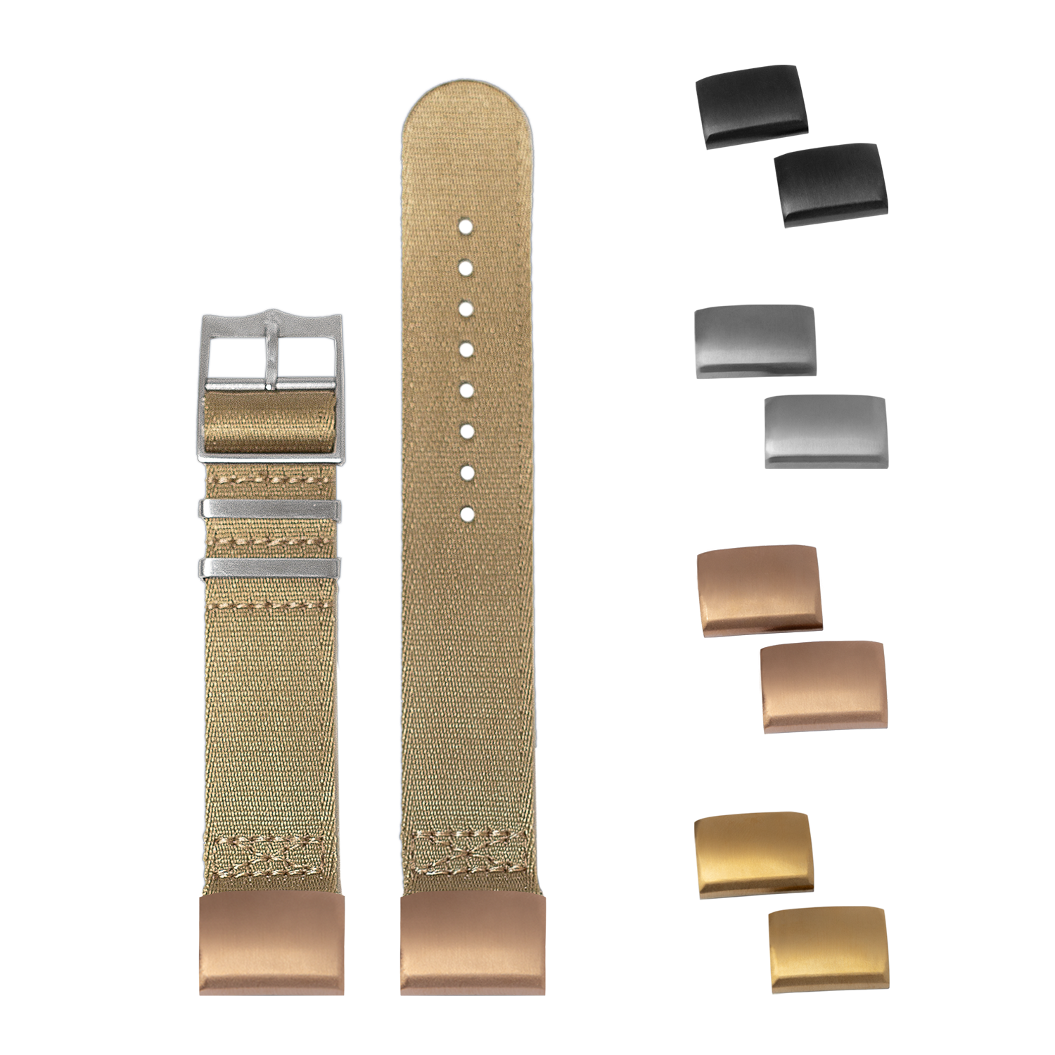 Beige fabric watch strap with interchangeable metal buckles in black, silver, and bronze finishes for military-style timepieces