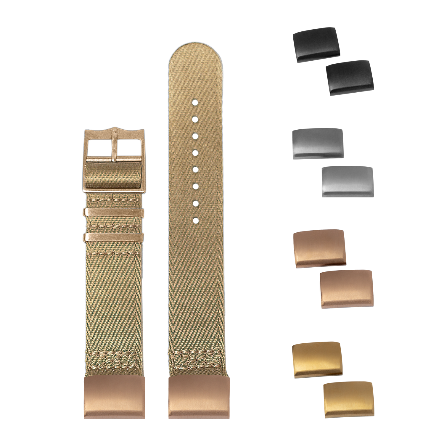 Beige fabric military watch strap with rose gold hardware, matching interchangeable metal end links in black, silver, and gold finishes