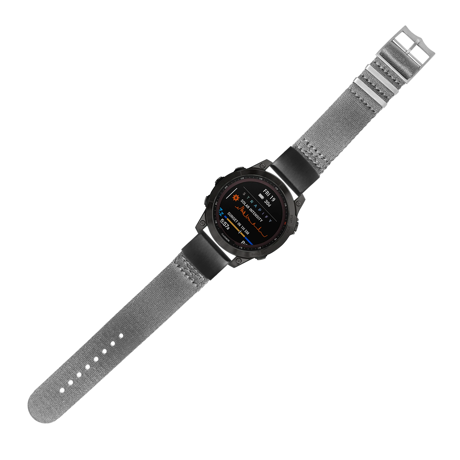 Black digital smartwatch with gray fabric strap, OLED display showing time and metrics, tactical outdoor design