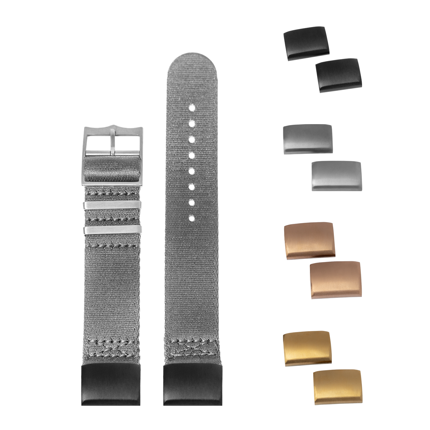 QuickFit Ultra Militex grey 20mm watch strap with interchangeable buckles in black, silver, bronze and gold finishes