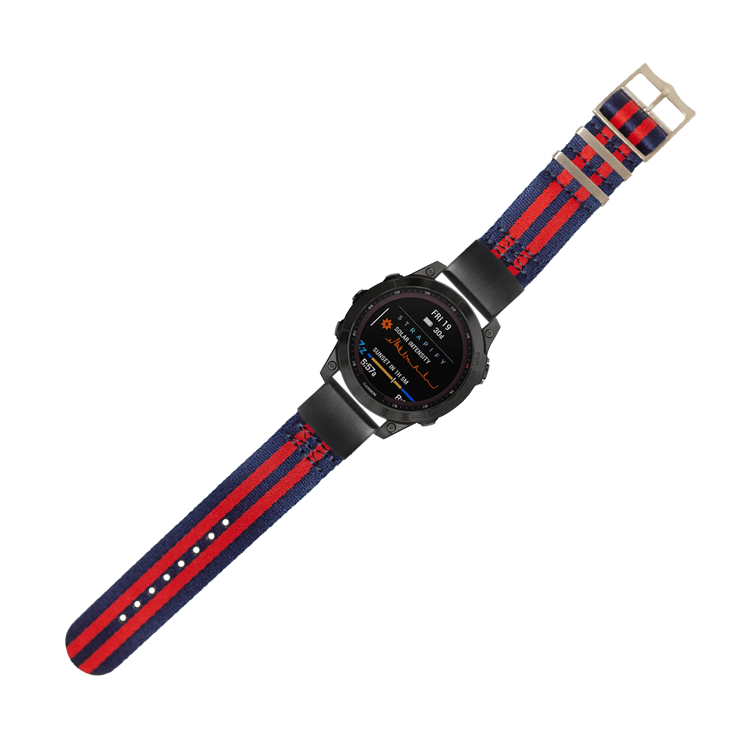 Black digital sports watch with navy and red striped fabric strap, AMOLED display showing multiple data fields