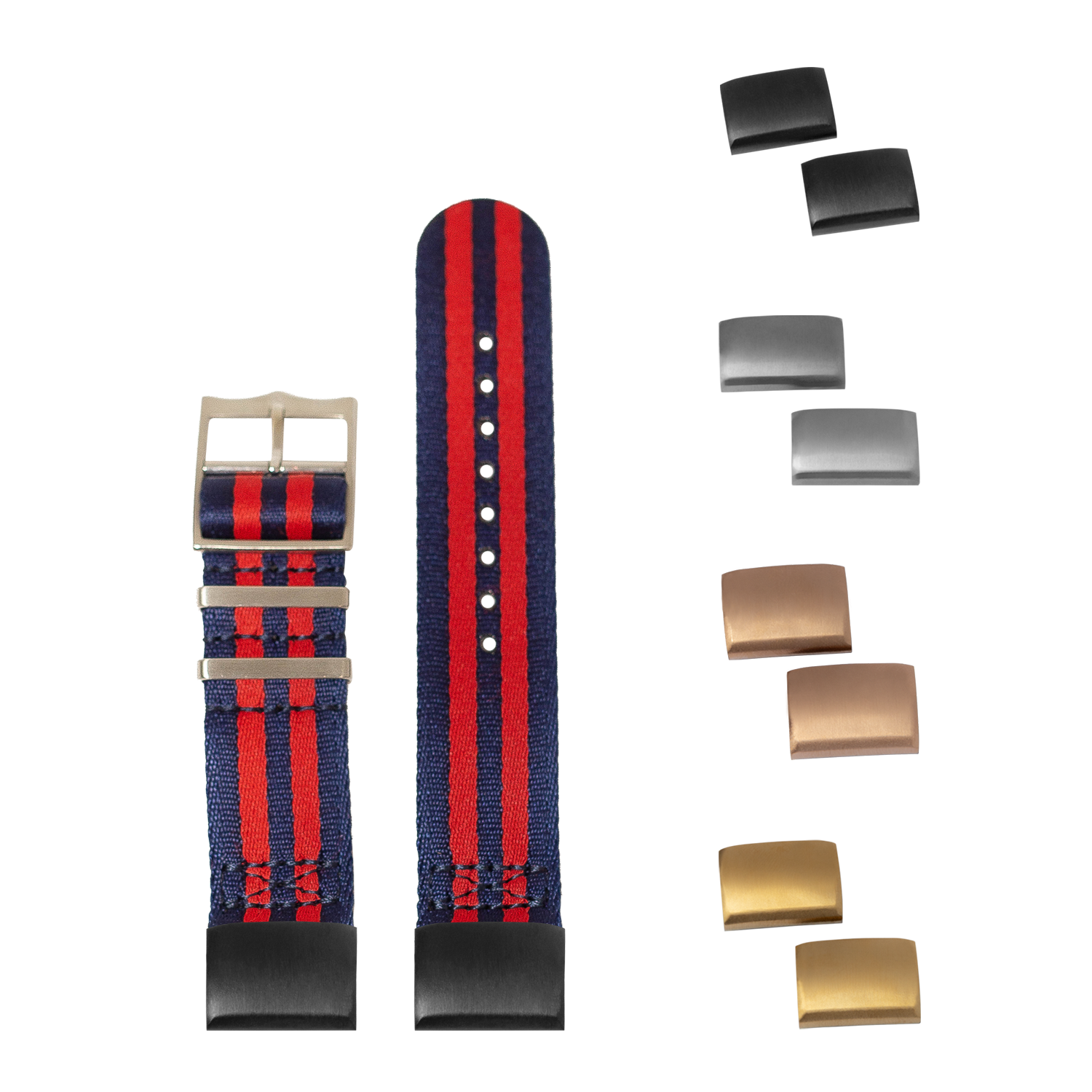 QuickFit Ultra Militex navy blue and red striped watch strap with interchangeable metal buckles in black, silver, and gold finishes
