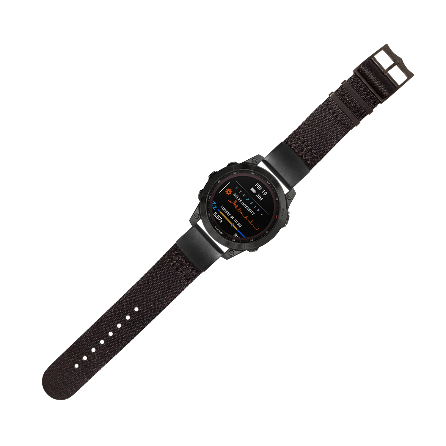 Black tactical smartwatch with AMOLED display, black fabric strap, and military-style hardware on white background