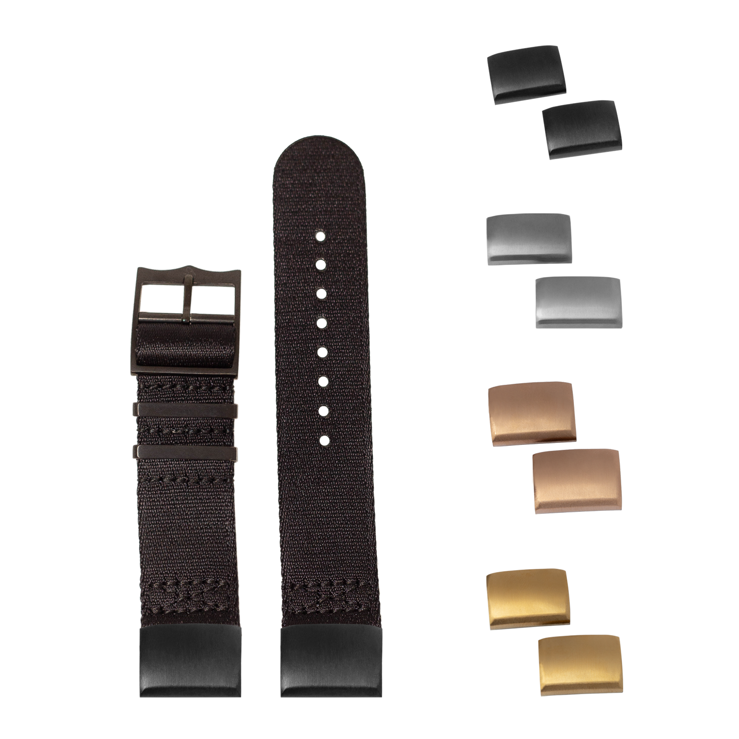 QuickFit Ultra Militex stealth black 20mm watch strap with interchangeable black, silver, and gold hardware buckles
