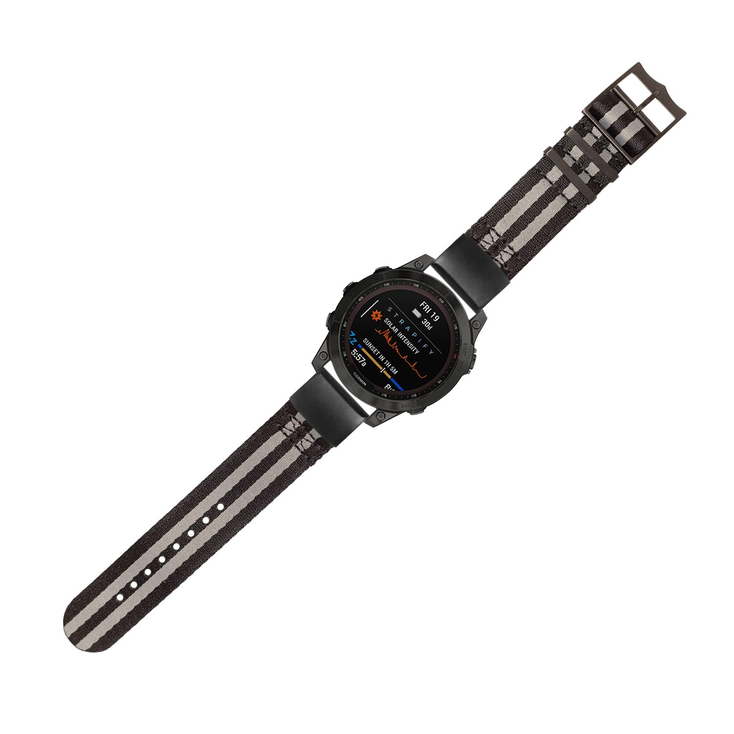 Black tactical smartwatch with OLED display and striped nylon quick-fit strap, military-style design