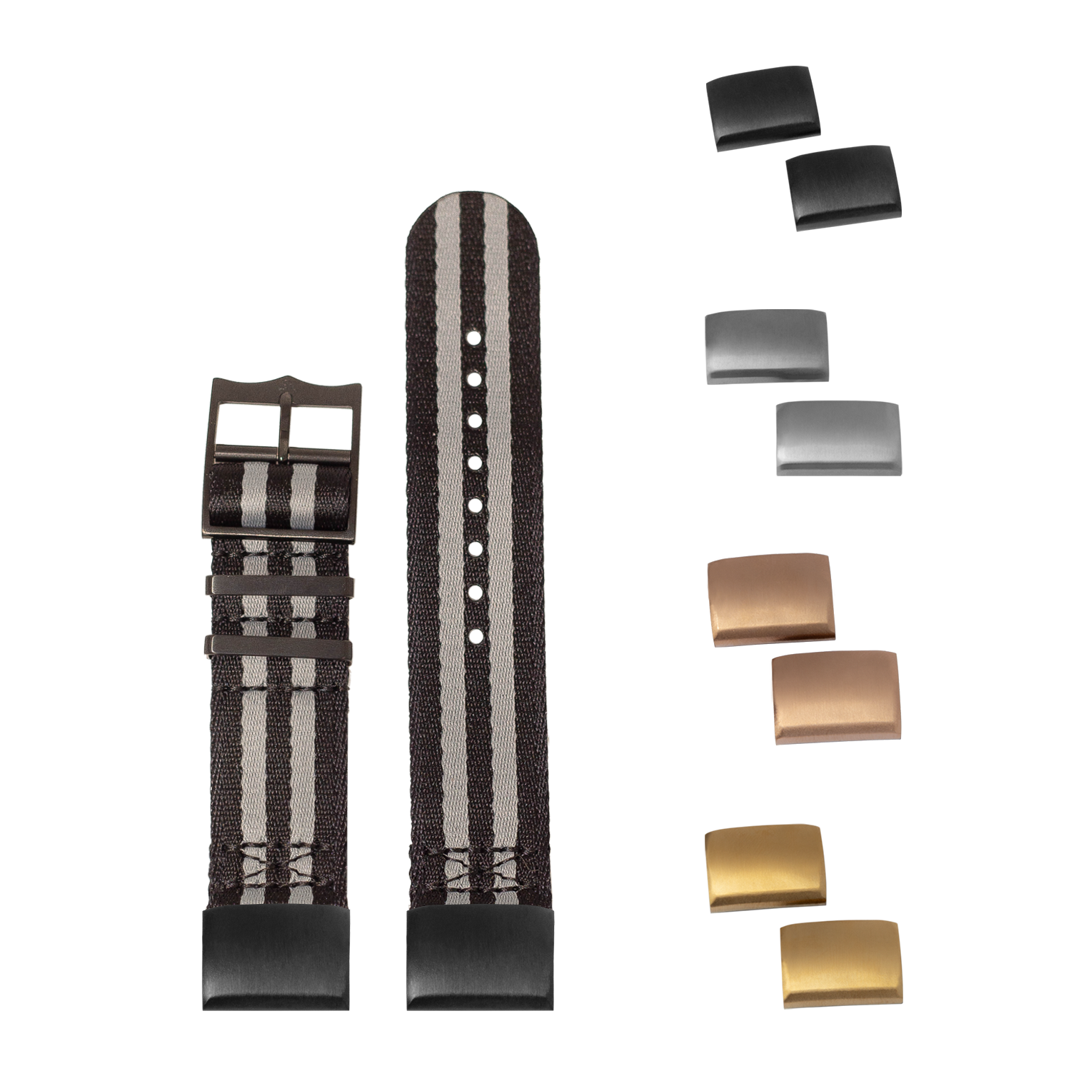 Interchangeable watch band straps with black and grey textile design, black hardware buckles, and multiple metal clasp options in black, silver, and gold finishes