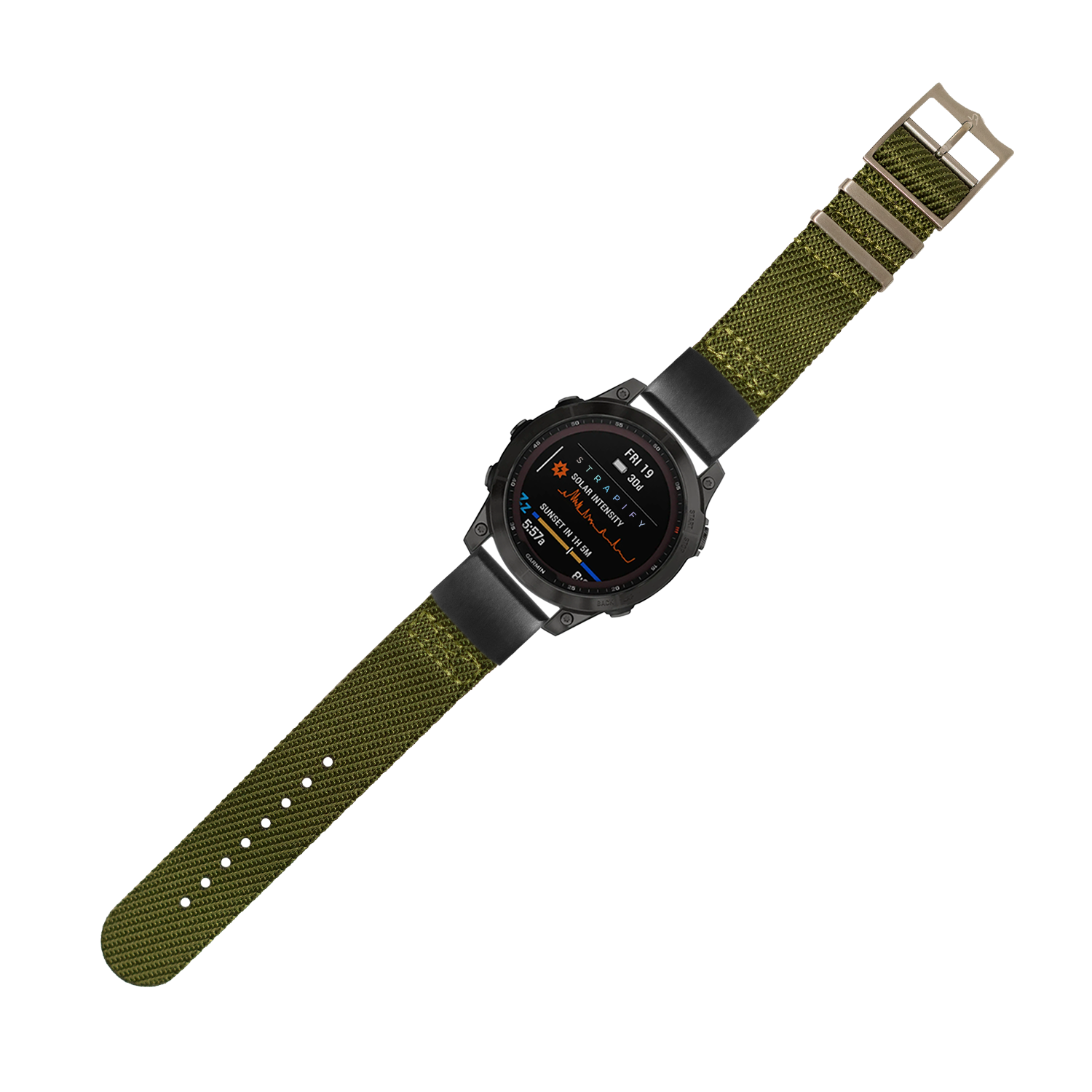 Military smartwatch with olive green woven fabric strap, black digital display showing fitness data, and quick-fit 20mm band system