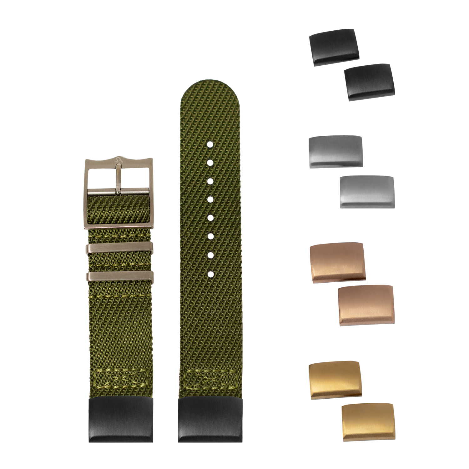 QuickFit Cross Militex army green fabric watch strap 20mm with interchangeable metal buckles in black, silver, bronze and gold finishes