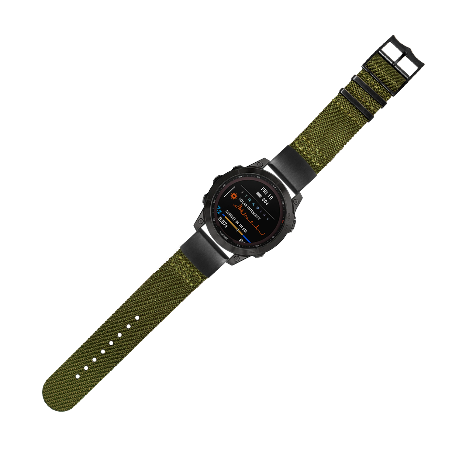 Military tactical smartwatch with black case, AMOLED display showing fitness metrics, and olive green fabric quick-release watch band with black hardware