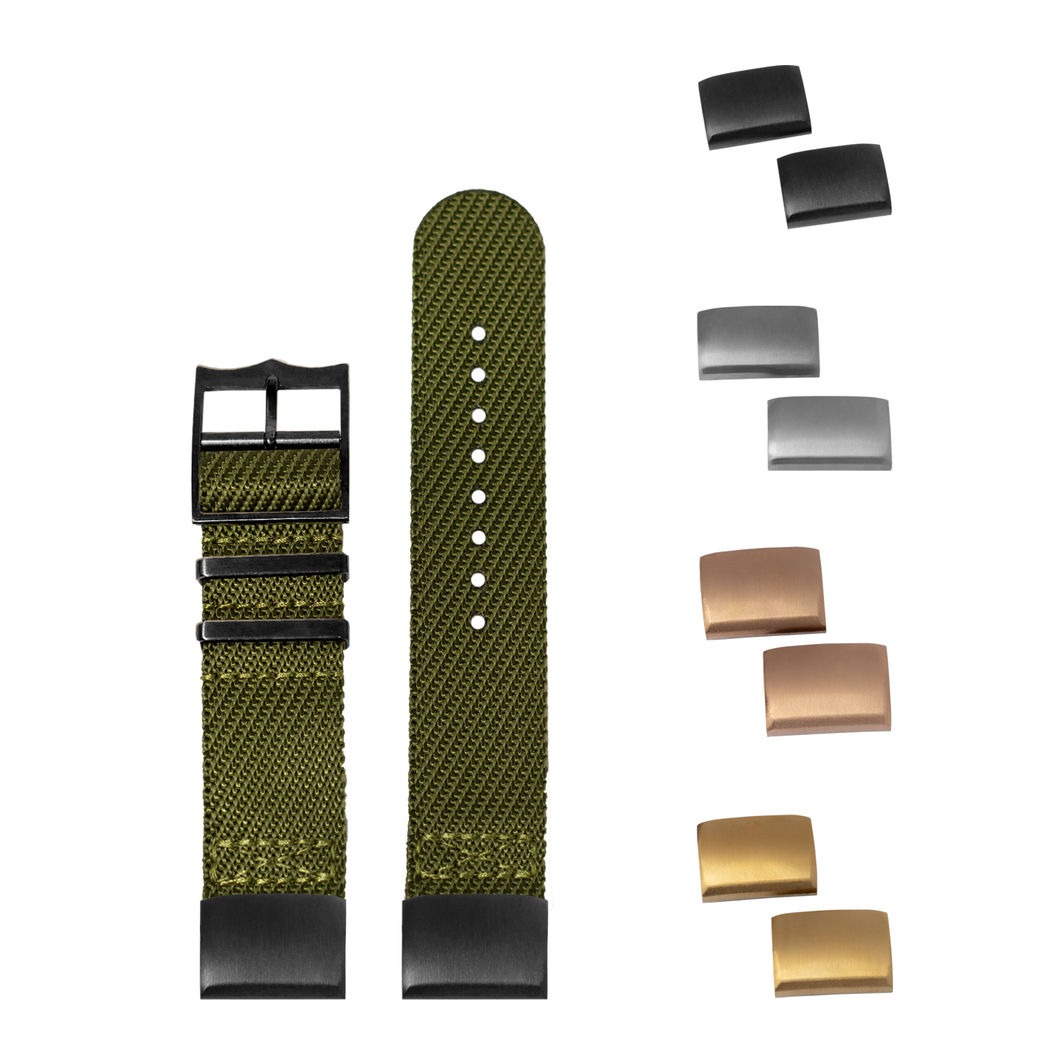 QuickFit Cross Militex army green 20mm watch strap with interchangeable black, silver, and bronze hardware buckles