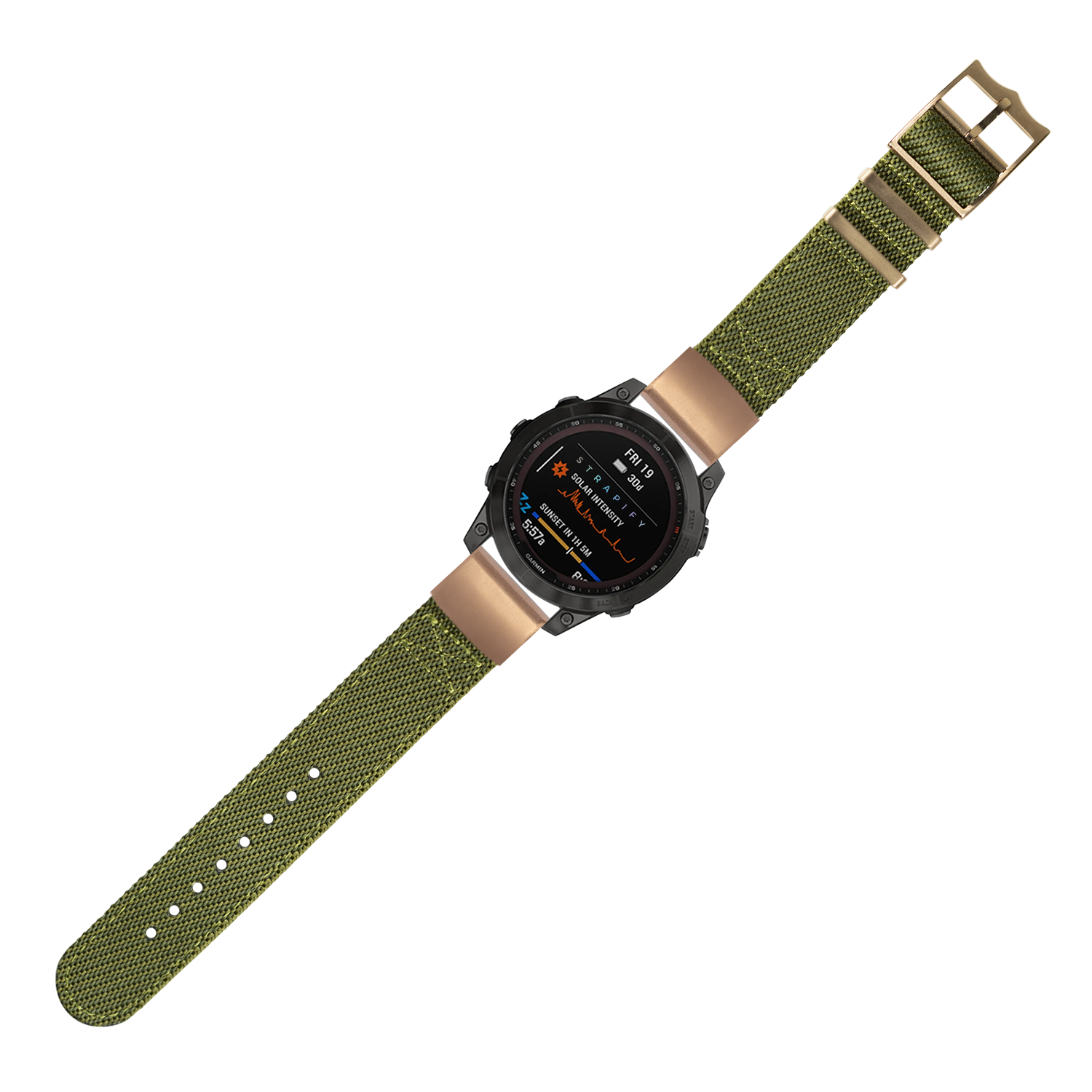 Tactical smartwatch with black digital display and olive green canvas strap with rose gold hardware and buckle