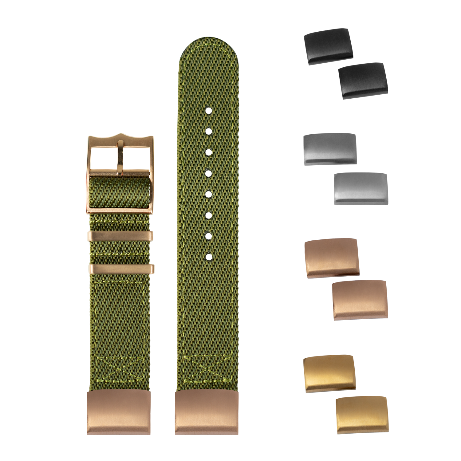 QuickFit Cross Militex army green fabric watch strap 20mm with rose gold and interchangeable hardware buckles