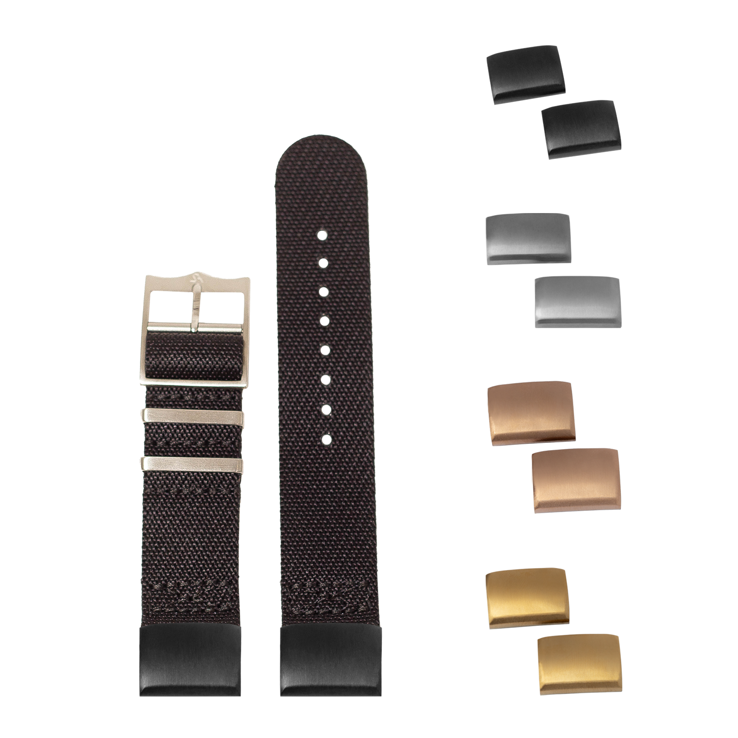 Black fabric watch strap with interchangeable metal buckles in silver, bronze and gold finishes