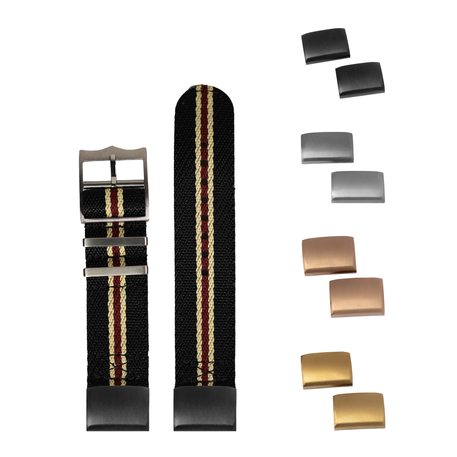 Black fabric watch strap with beige and maroon stripes, 20mm QuickFit, shown with interchangeable buckles in silver, gunmetal, rose gold and gold finishes
