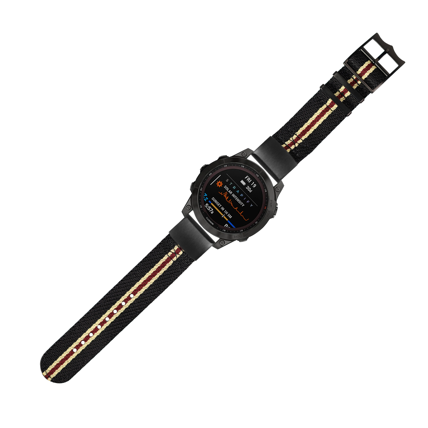 Black smartwatch with AMOLED display and tactical nylon strap featuring beige and maroon stripes, 20mm QuickFit band