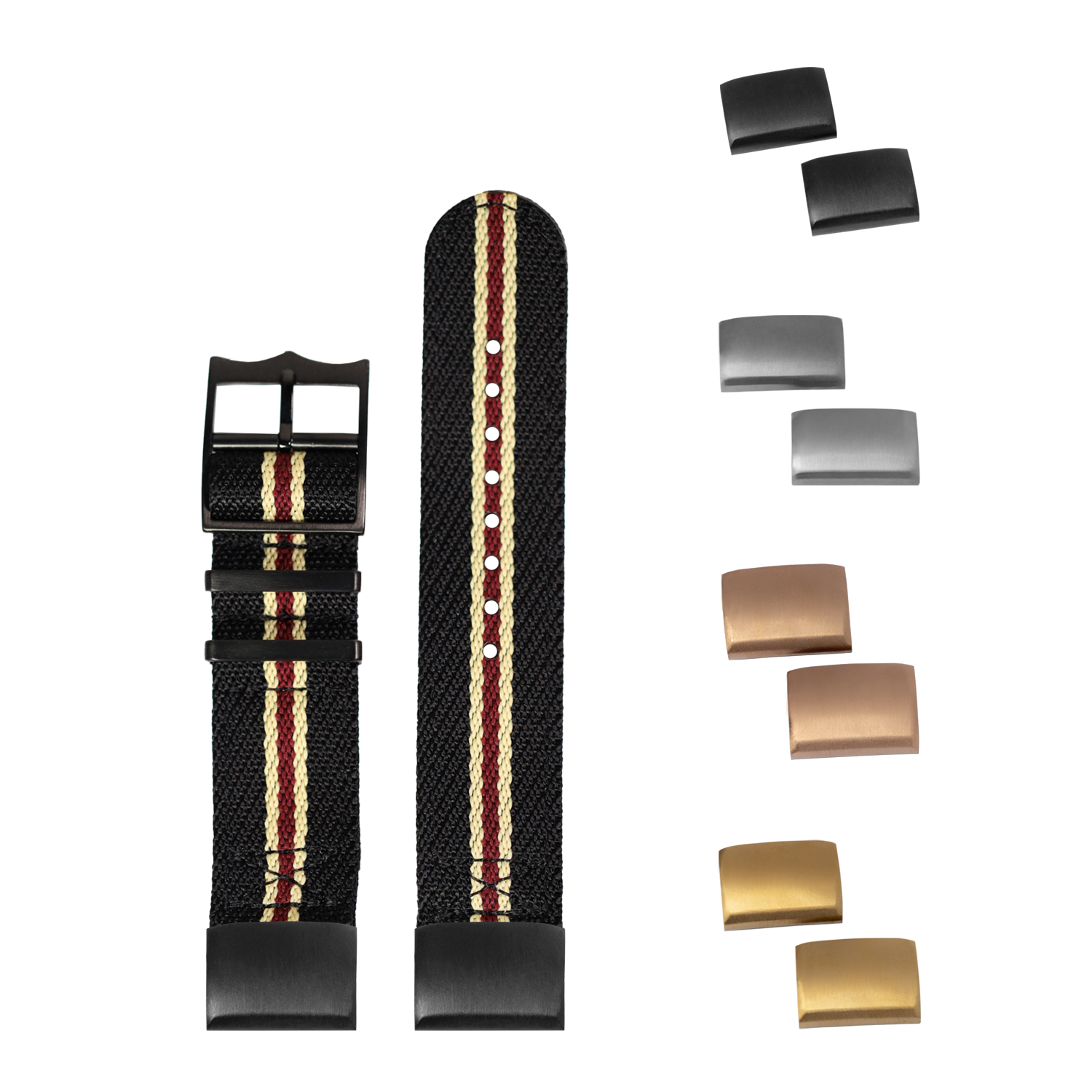 Black nylon watch strap with red and cream stripes, quick release system, includes interchangeable black, silver, and gold hardware buckles