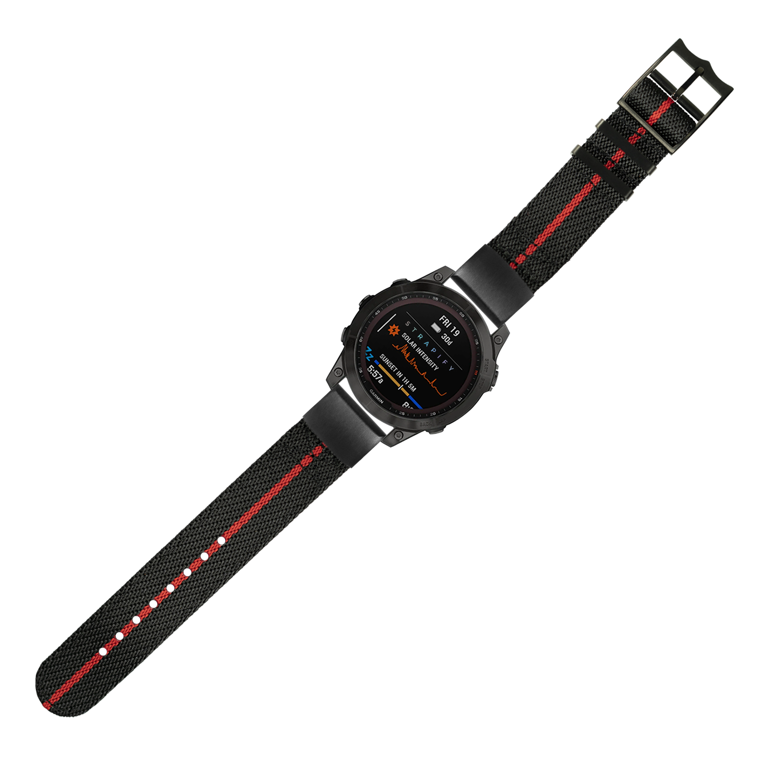 Black and red military-style nylon watch strap with QuickFit 20mm connector and black hardware buckle