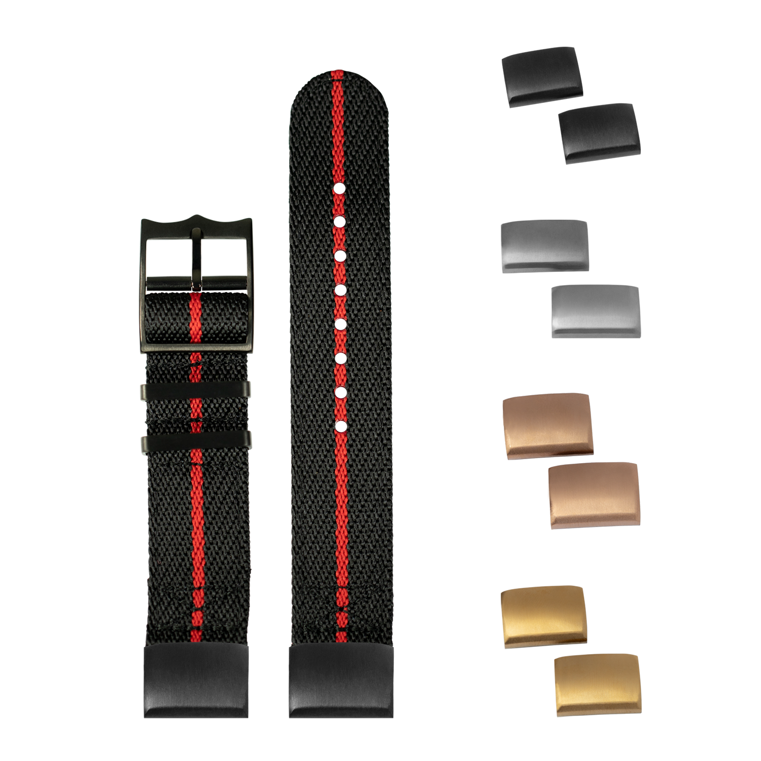 Tactical fabric watch strap with red stripe, black hardware, and interchangeable metal buckles in multiple finishes