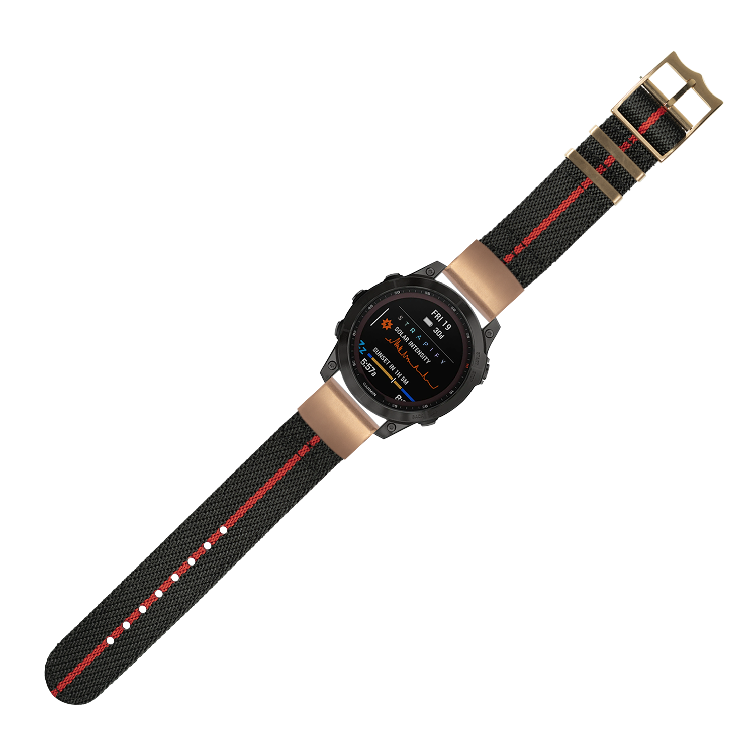 Military-style smartwatch with black fabric strap featuring red stripe, rose gold hardware, and AMOLED display showing fitness metrics