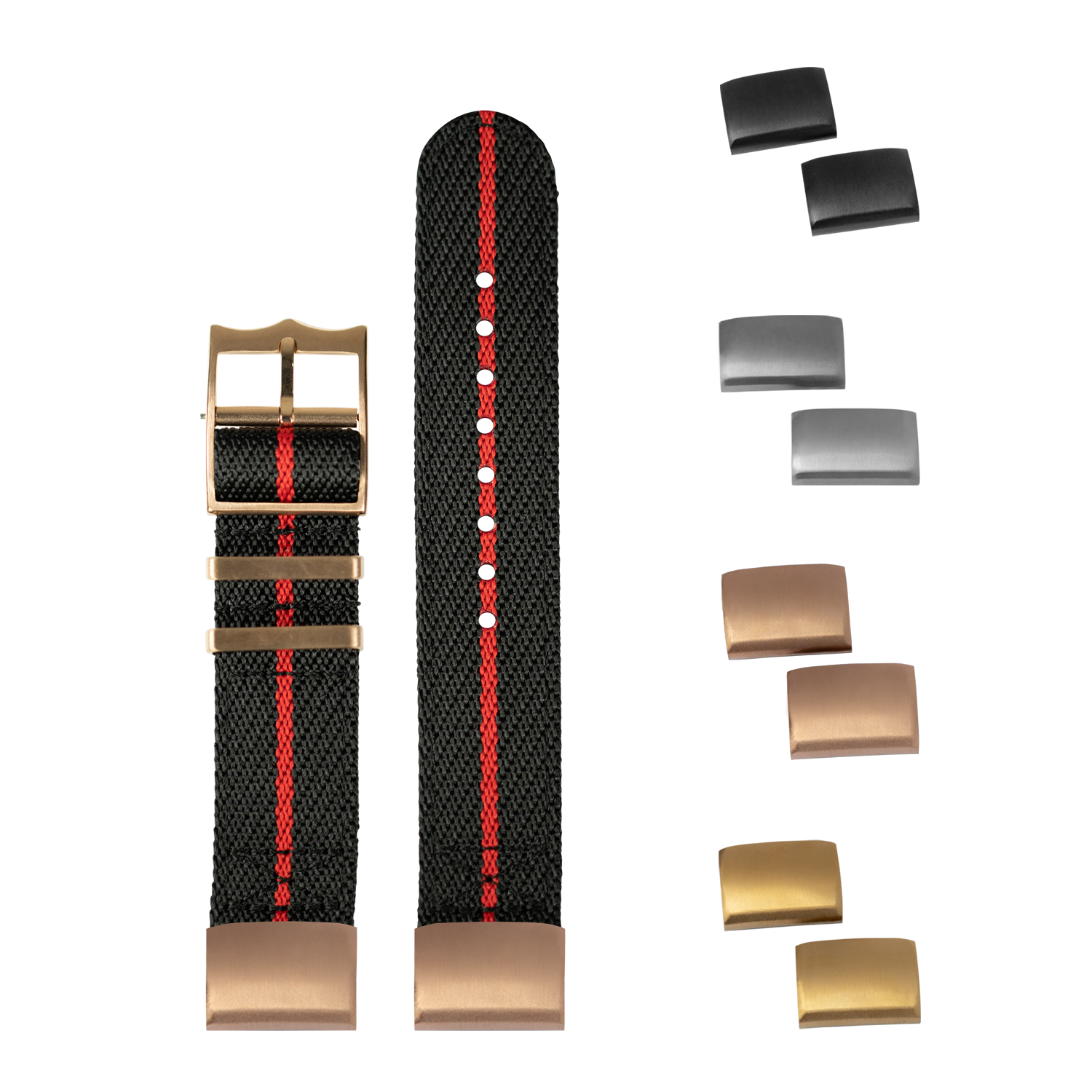 Black and red Cross Militex fabric watch strap 20mm with rose gold hardware and interchangeable buckles shown in two sizes