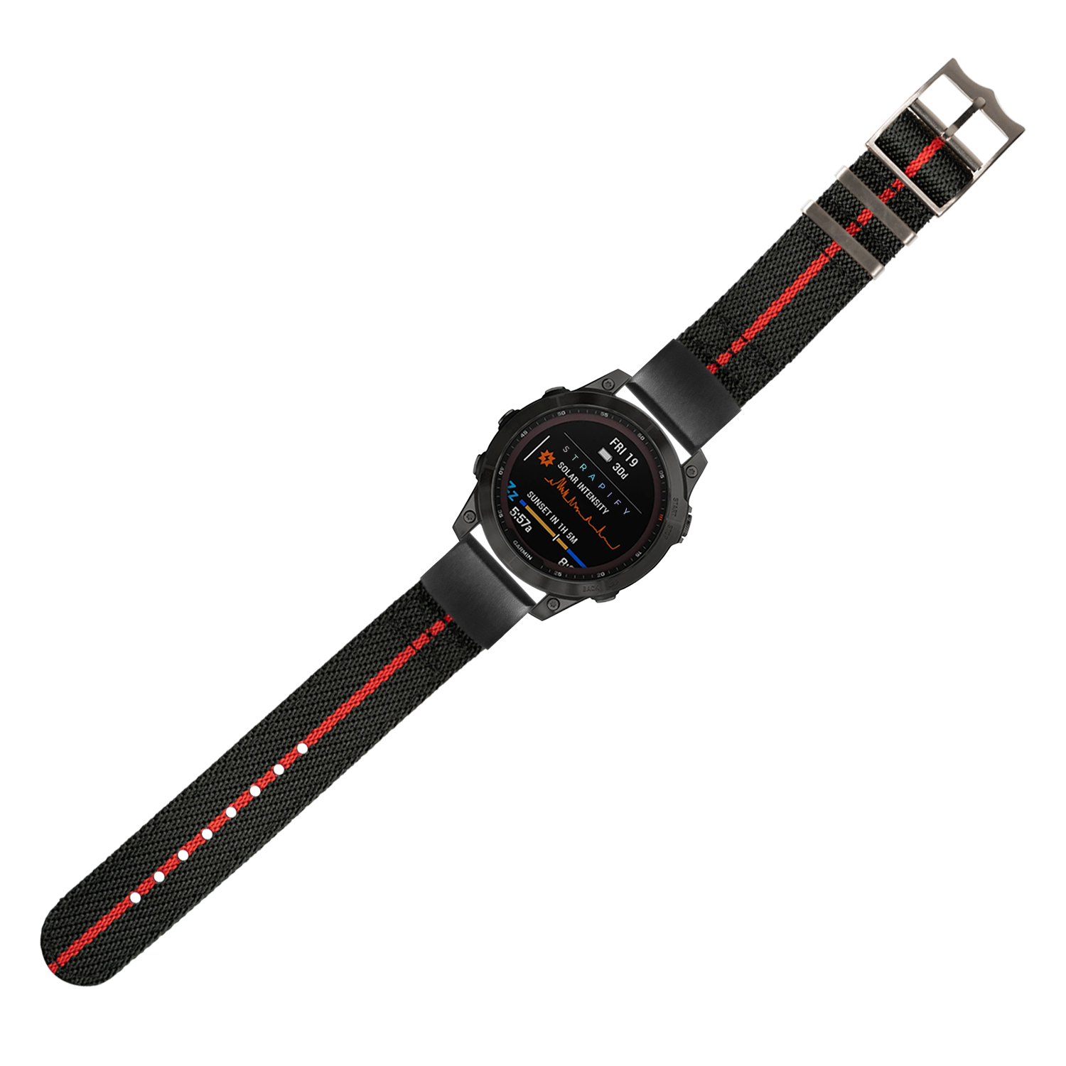 Black and red striped nylon QuickFit watch band with metal buckle for 20mm lug width smartwatch or military-style timepiece