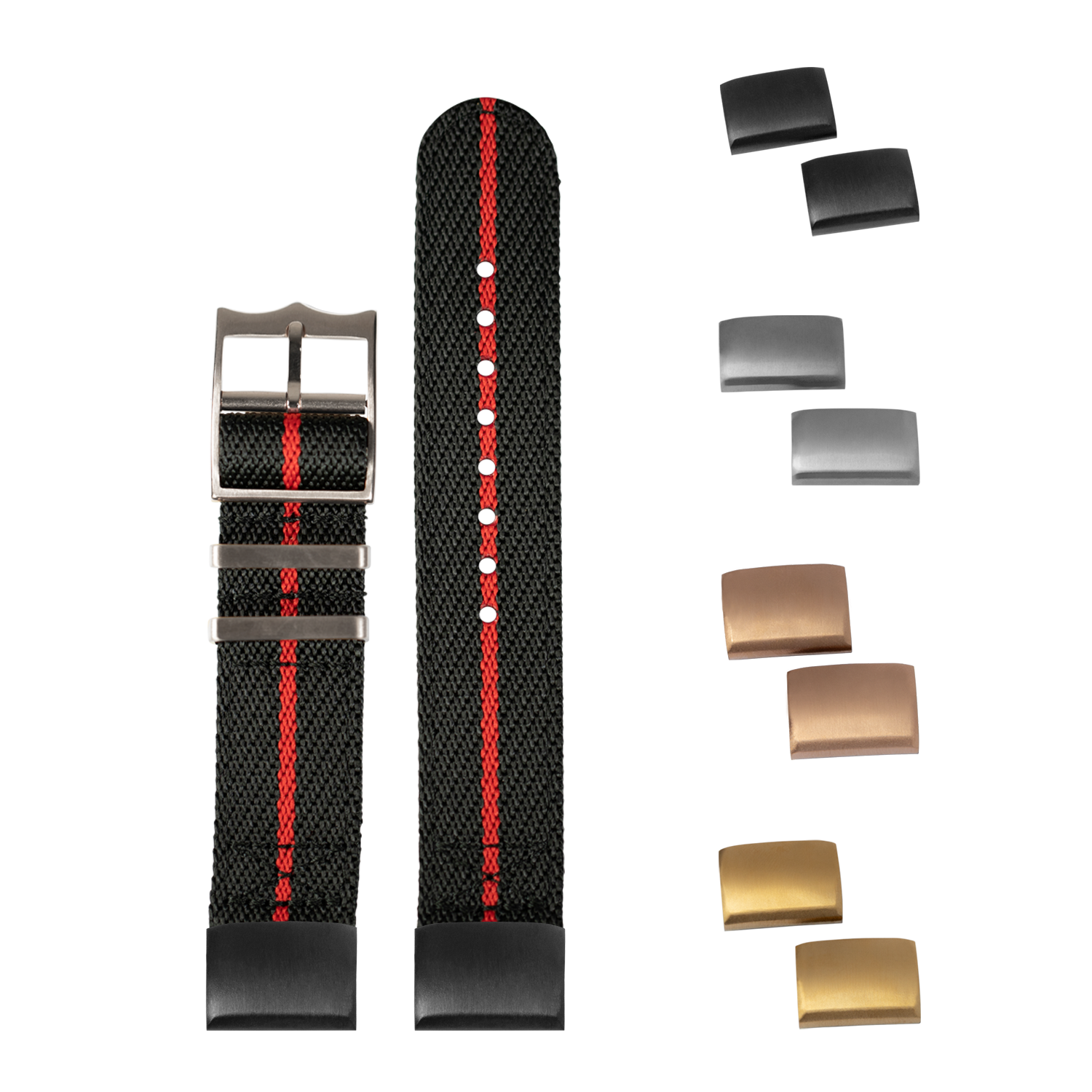 Black and red striped nylon quick-fit watch band with interchangeable metal buckles in silver, gunmetal, bronze and gold finishes