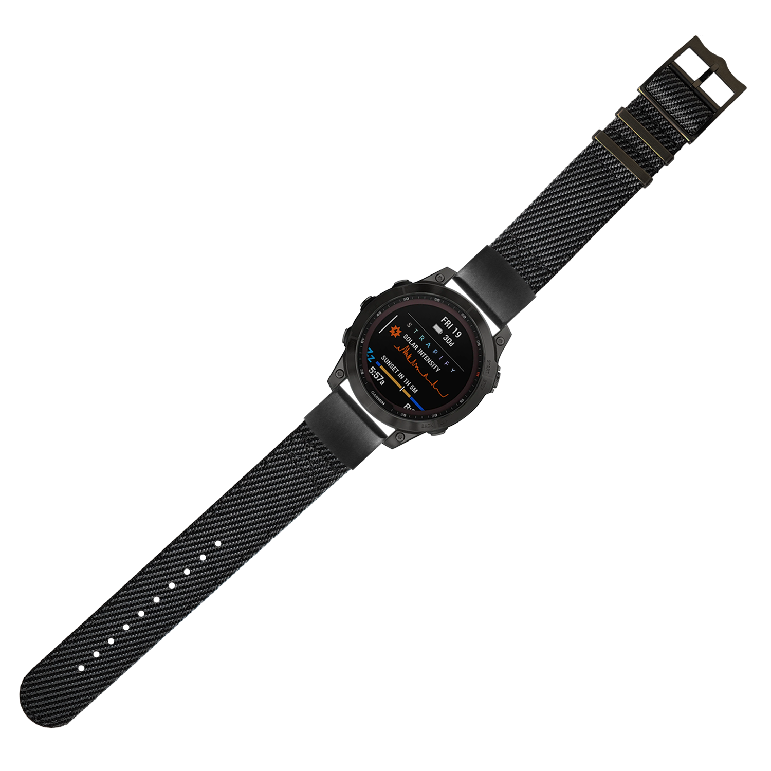 Black tactical smartwatch with AMOLED display and mesh band, military-grade design with orange accents