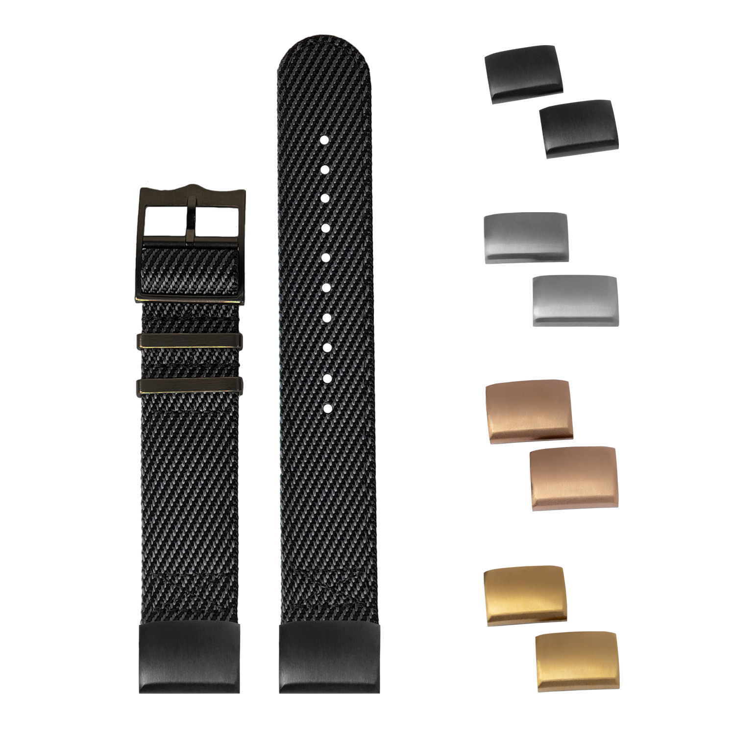 QuickFit Cross Militex dark grey fabric watch band 20mm with interchangeable black, silver, and gold hardware buckles