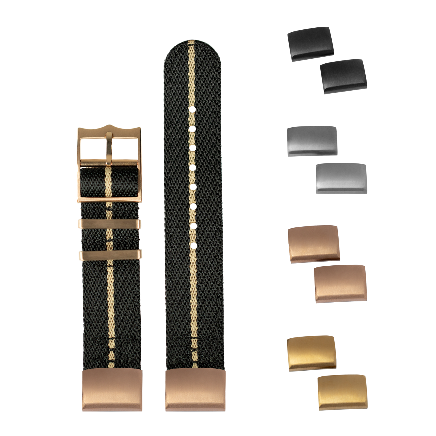 QuickFit Cross Militex night black wheat fabric watch strap 20mm with rose gold hardware and interchangeable buckles