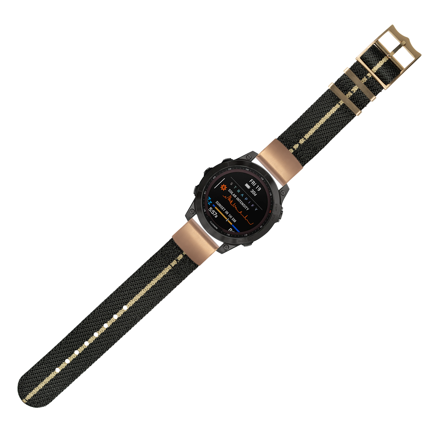 Tactical smartwatch with black digital display, rose gold hardware, and black nylon strap with tan stripe and quick-fit system