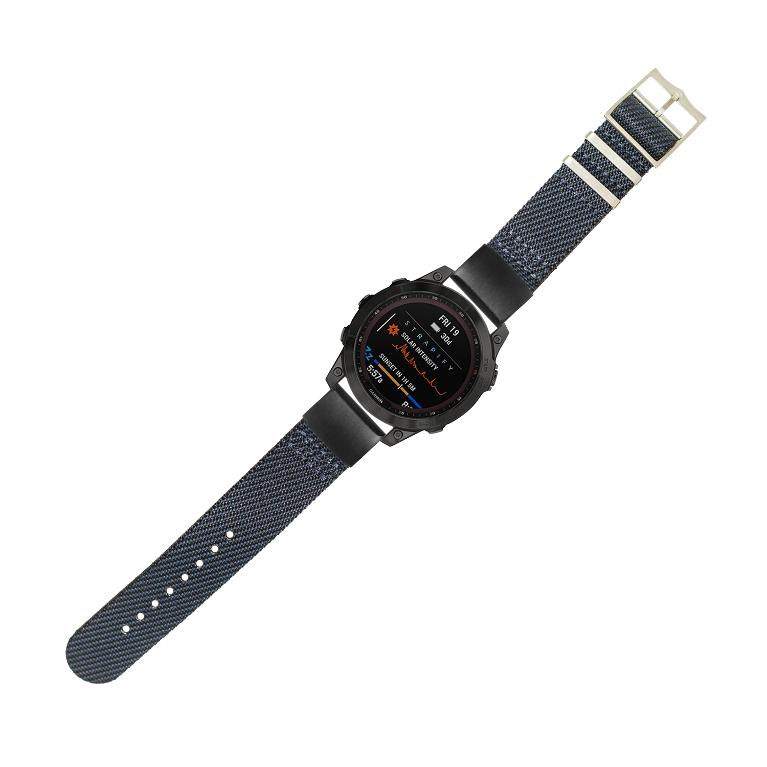 Black tactical smartwatch with AMOLED display and blue fabric Cross Militex QuickFit strap, 20mm military watch band