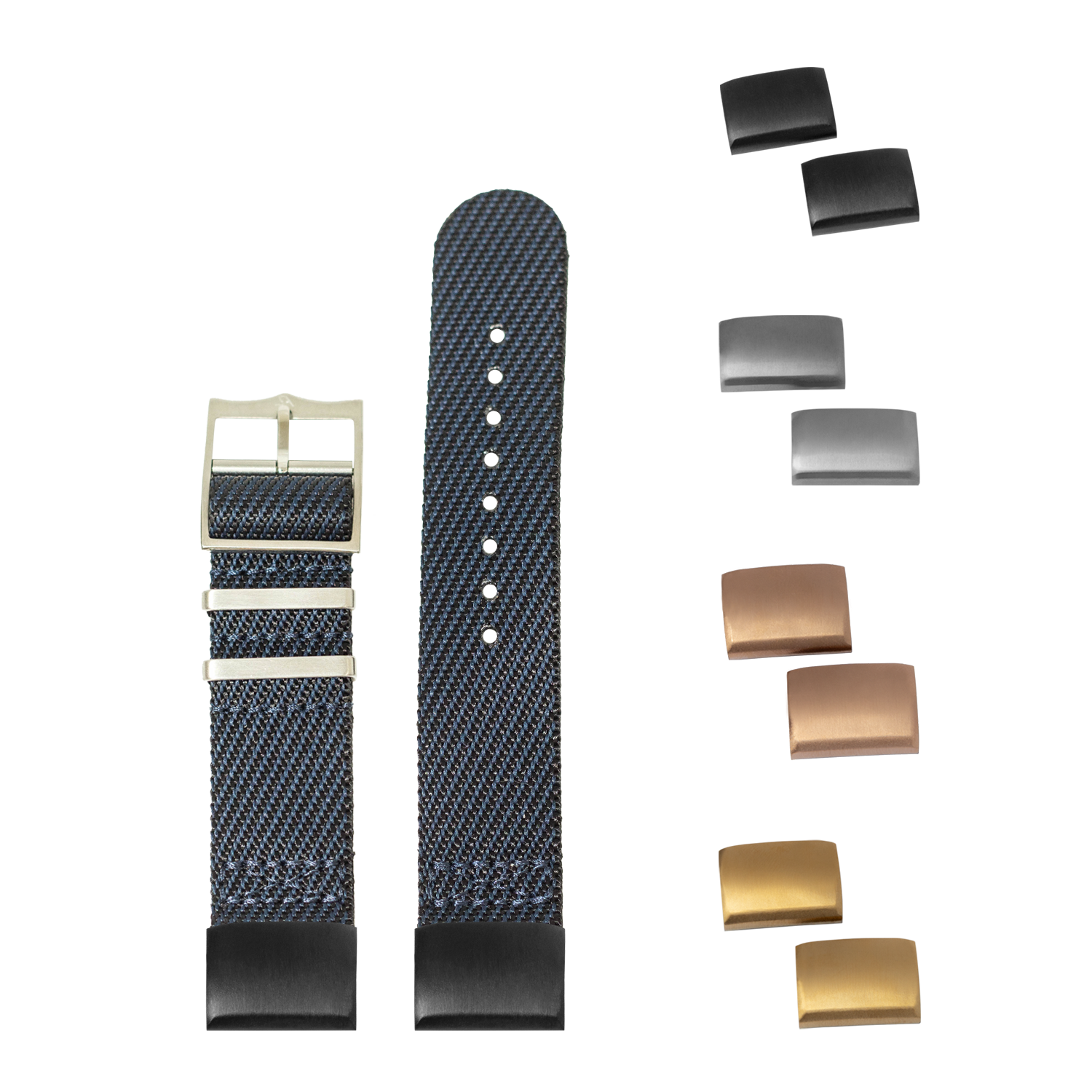 Blue fabric military watch strap 20mm with quick-release bars and interchangeable metal buckles in silver, bronze and gold finishes