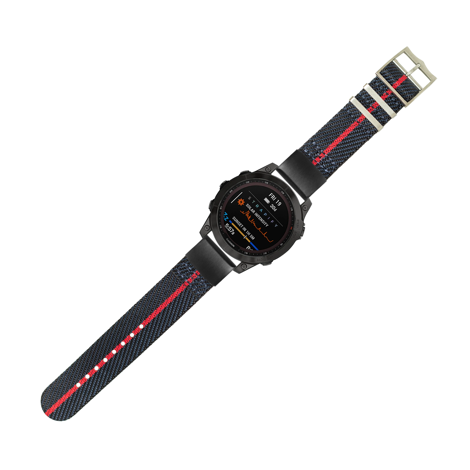 Black digital smartwatch with striped blue and red fabric strap, displaying fitness metrics on AMOLED screen