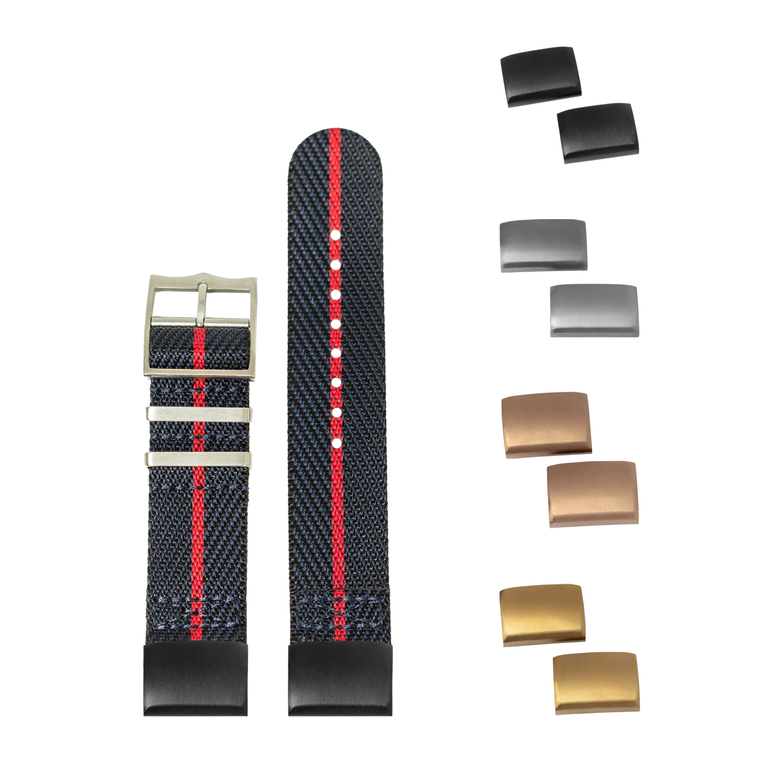 QuickFit Cross Militex night blue and red nylon watch strap with interchangeable metal buckles in multiple finishes