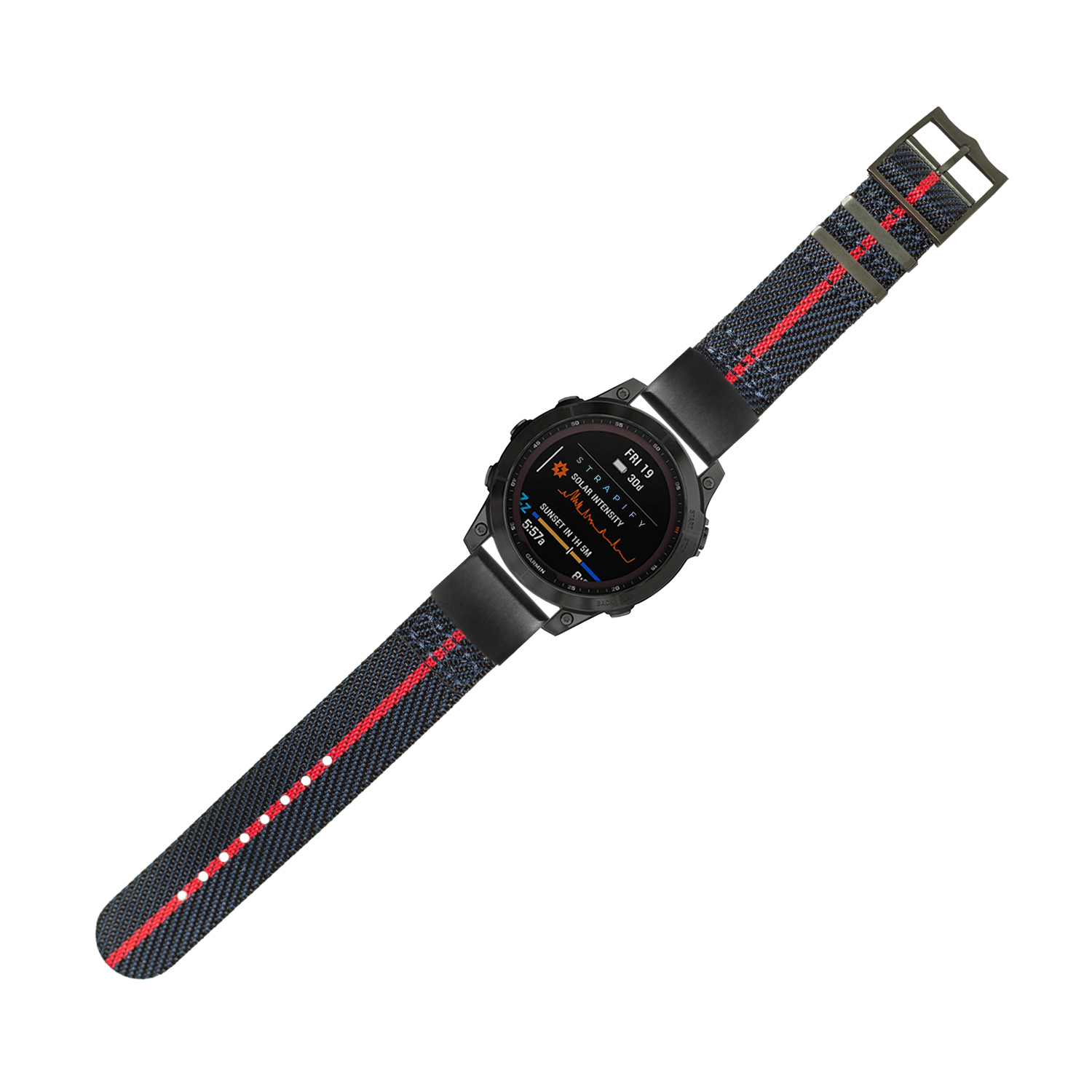 Military smartwatch with black case and colorful AMOLED display, featuring blue and red nylon Cross Militex band with quick-release hardware