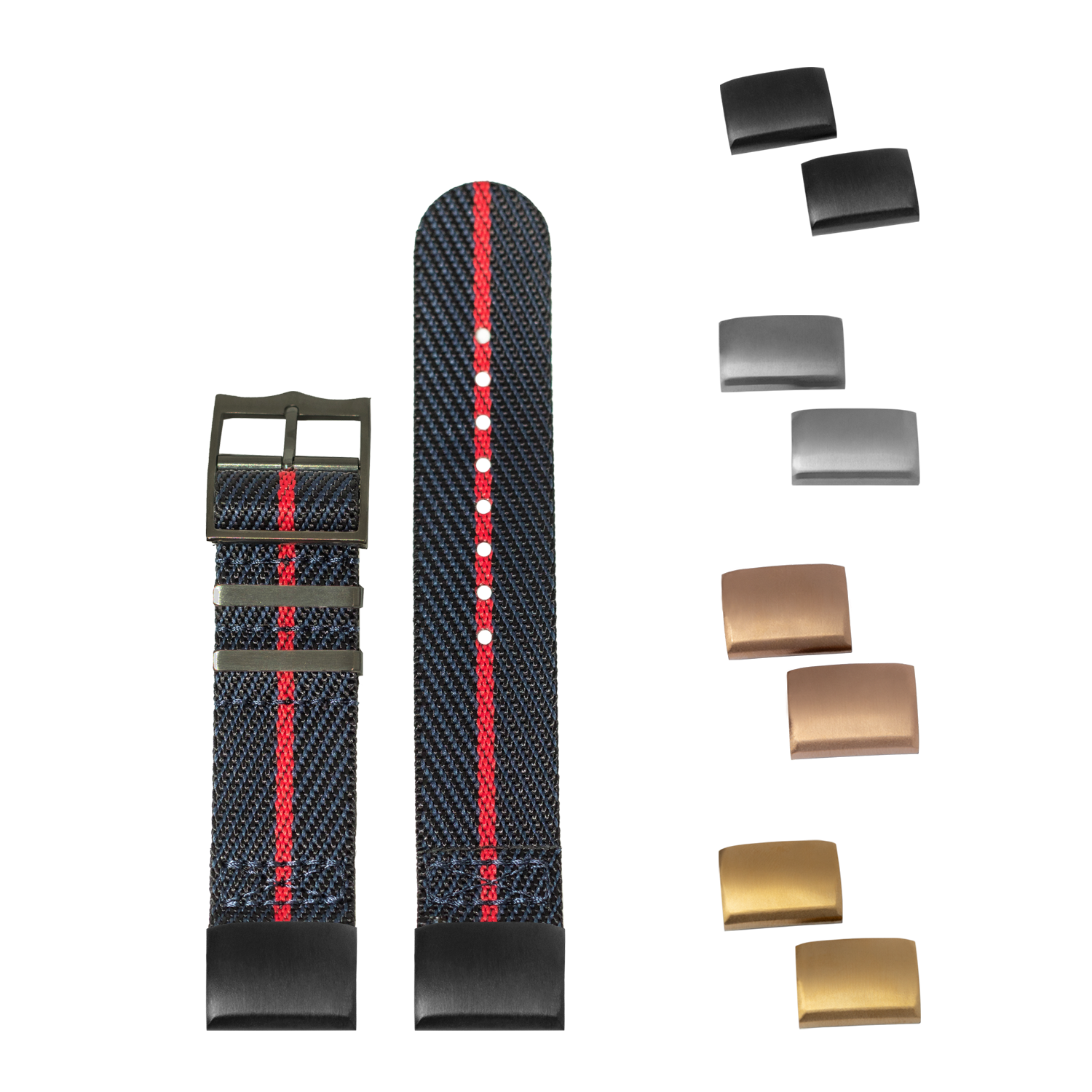 QuickFit Cross Militex night blue and red textile watch strap with interchangeable black, bronze, and gold hardware buckles